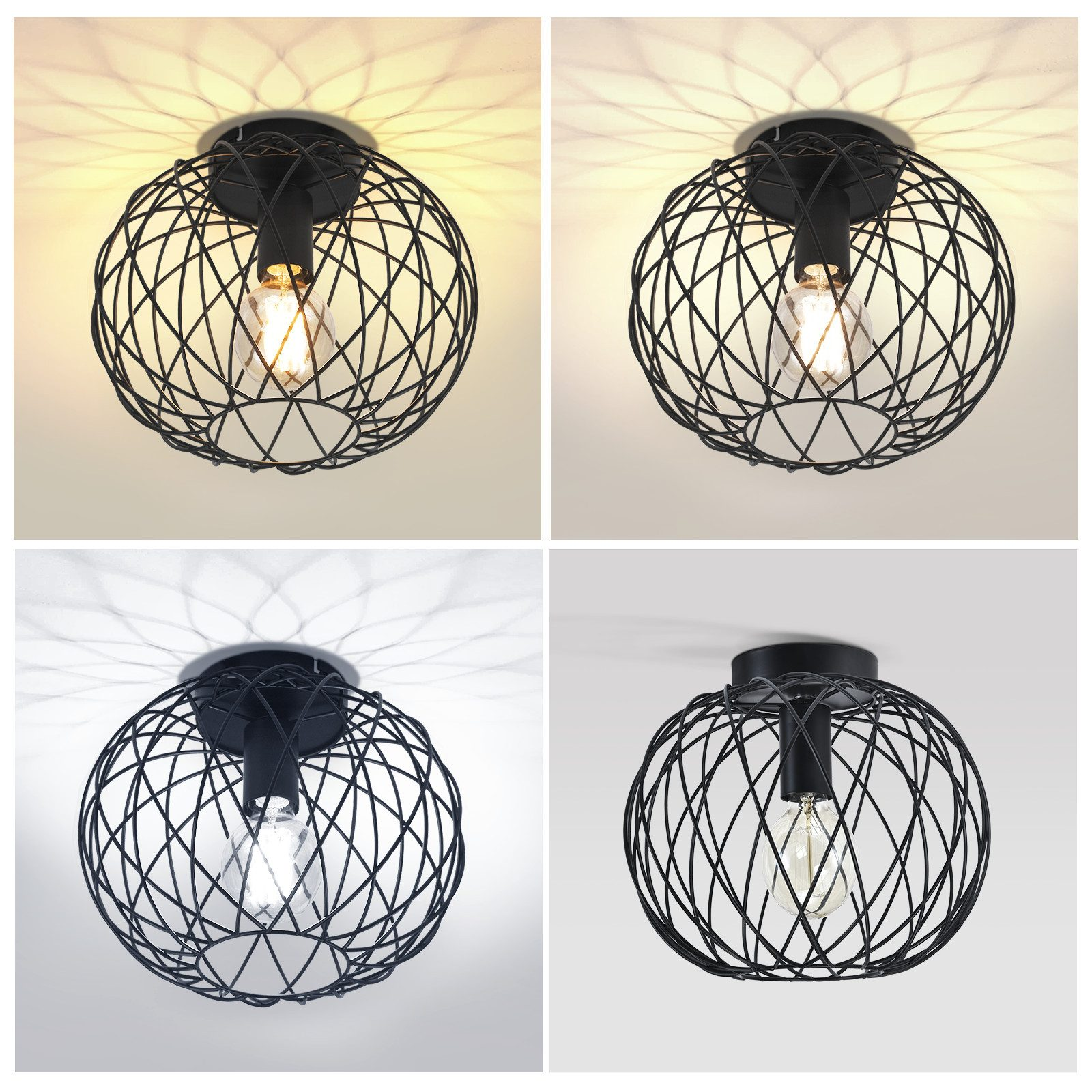 Quattro lampade da soffitto nere a gabbia con lampadine a vista, che proiettano ombre.