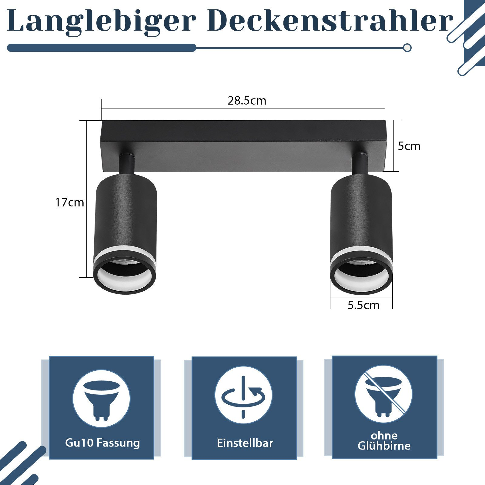 Czarny sufitowy reflektor z dwoma regulowanymi światłami, na białym tle.