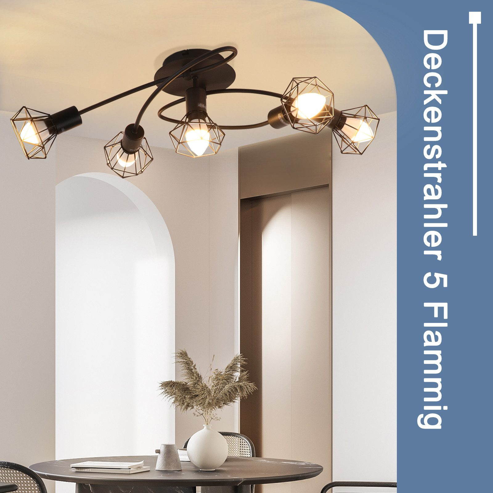 Czarna lampa sufitowa z pięcioma kątowymi światłami z dekoracyjnymi kloszami w kształcie klatki.