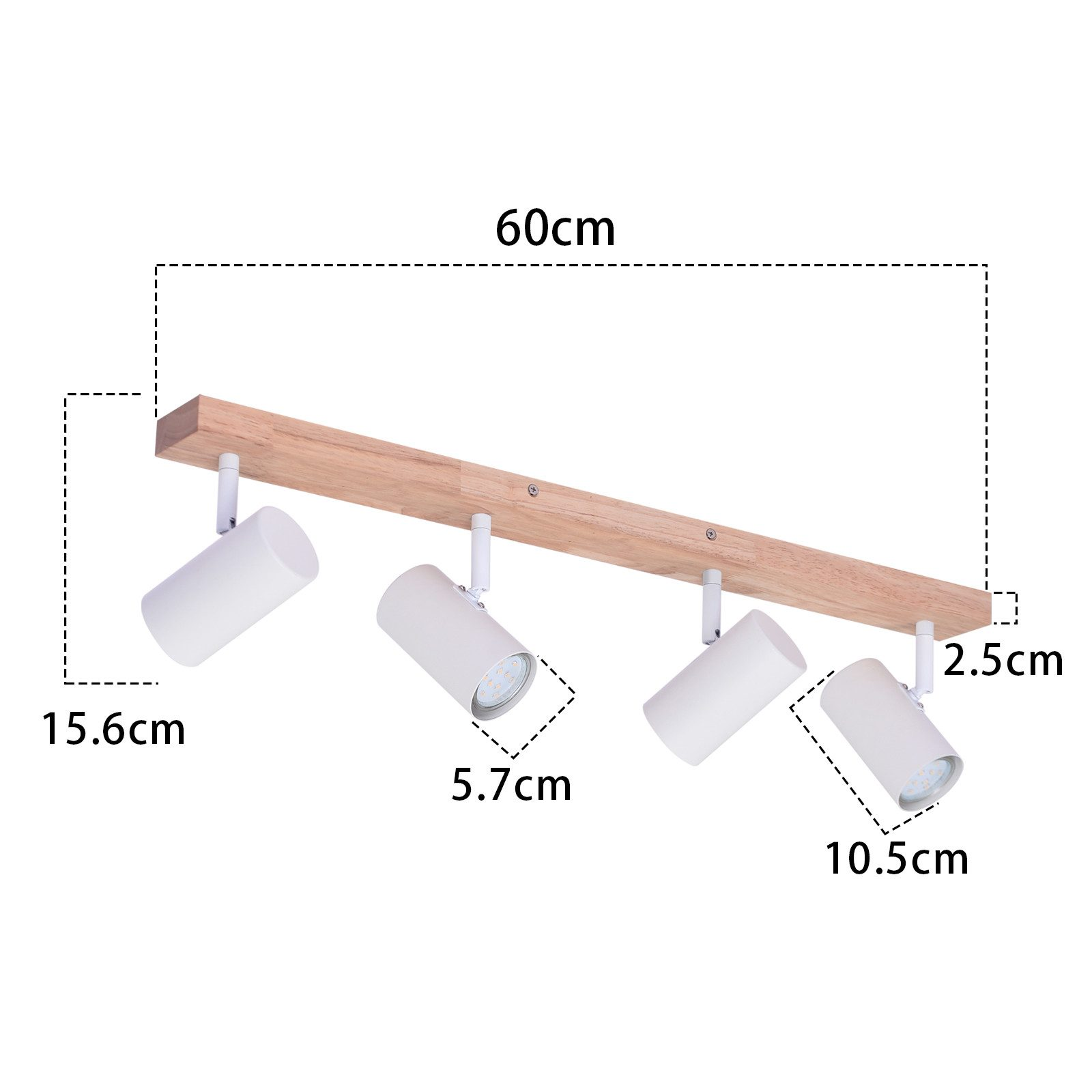 Tre faretti bianchi su trave in legno, con etichette dimensionali.