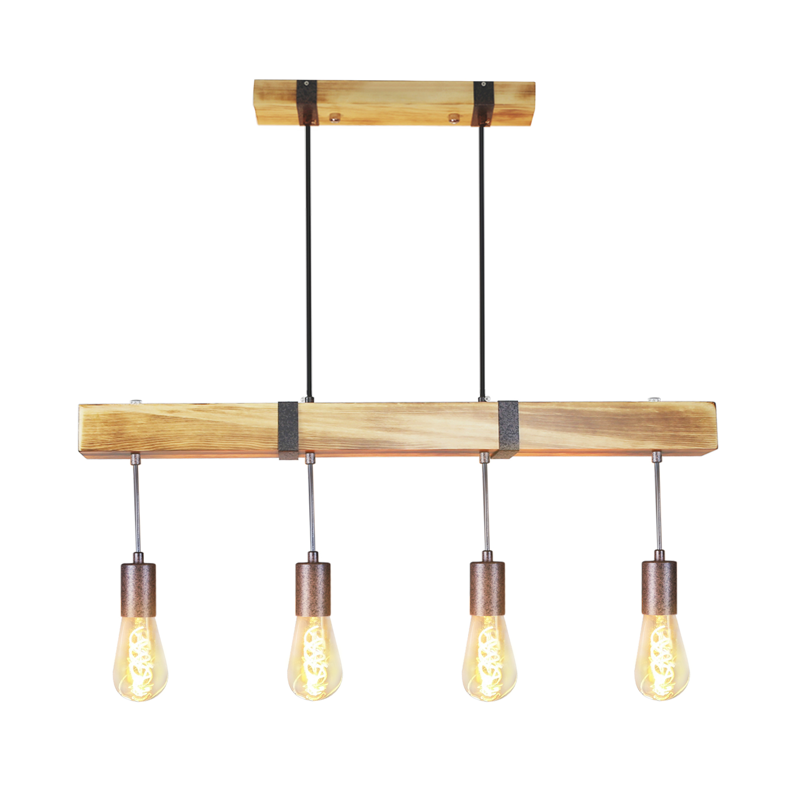 Apparecchio di illuminazione rettangolare in legno con quattro lampadine Edison a sospensione. Fili di supporto neri.