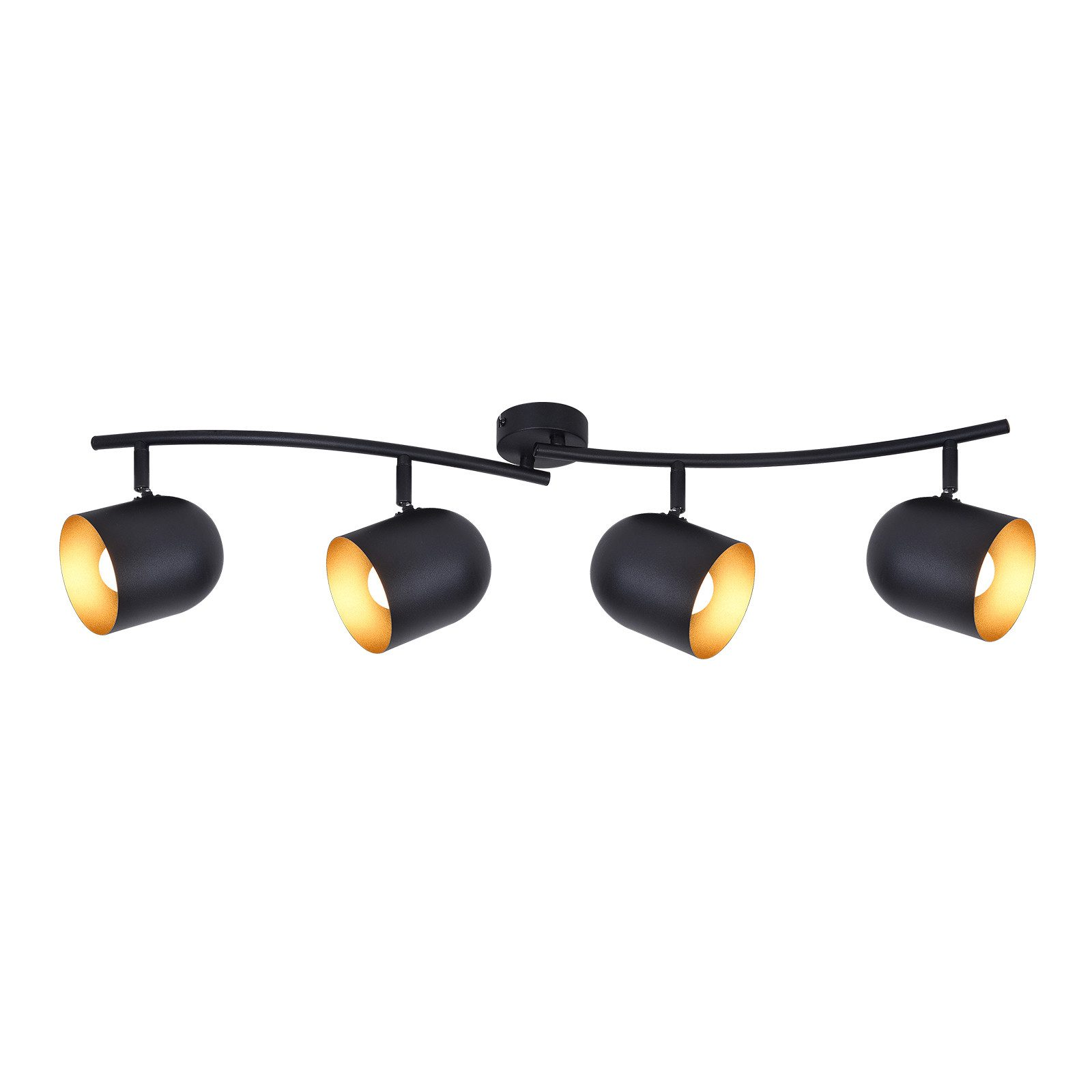 Apparecchio di illuminazione a binario nero con quattro faretti orientabili.