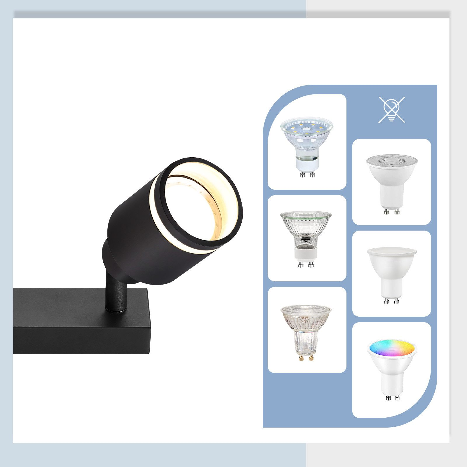 Faretto nero con più opzioni di lampadine visualizzate, su sfondo bianco. Le lampadine includono forme diverse.
