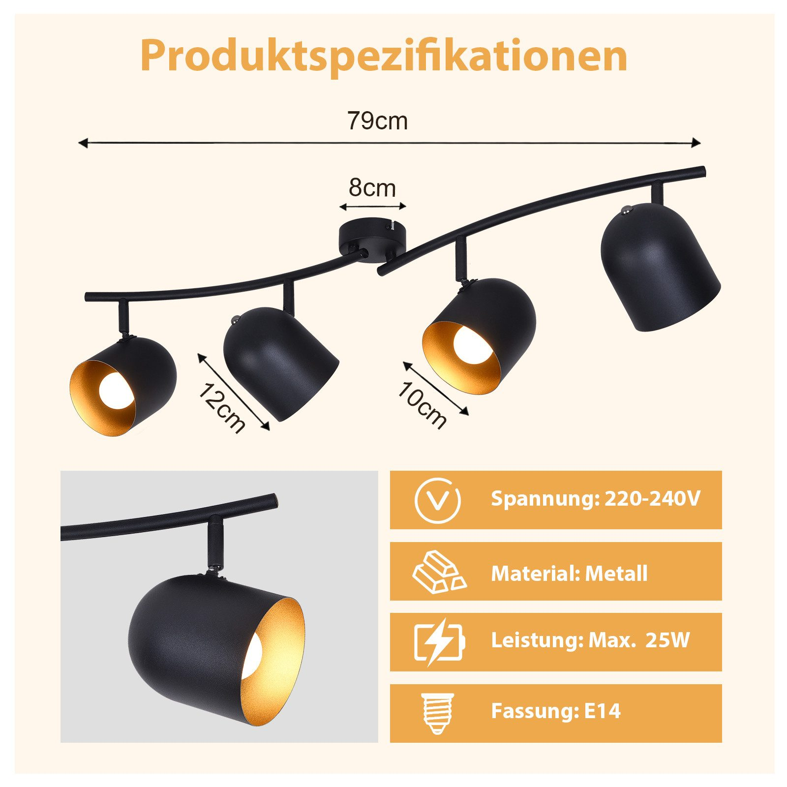 Illuminazione a binario nera con diagramma delle specifiche: tensione, materiale, potenza e presa.