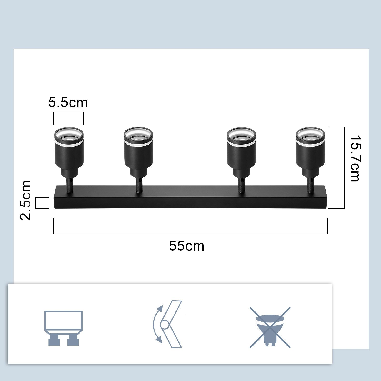 Un apparecchio di illuminazione lineare nero con quattro portalampade, con dimensioni indicate.