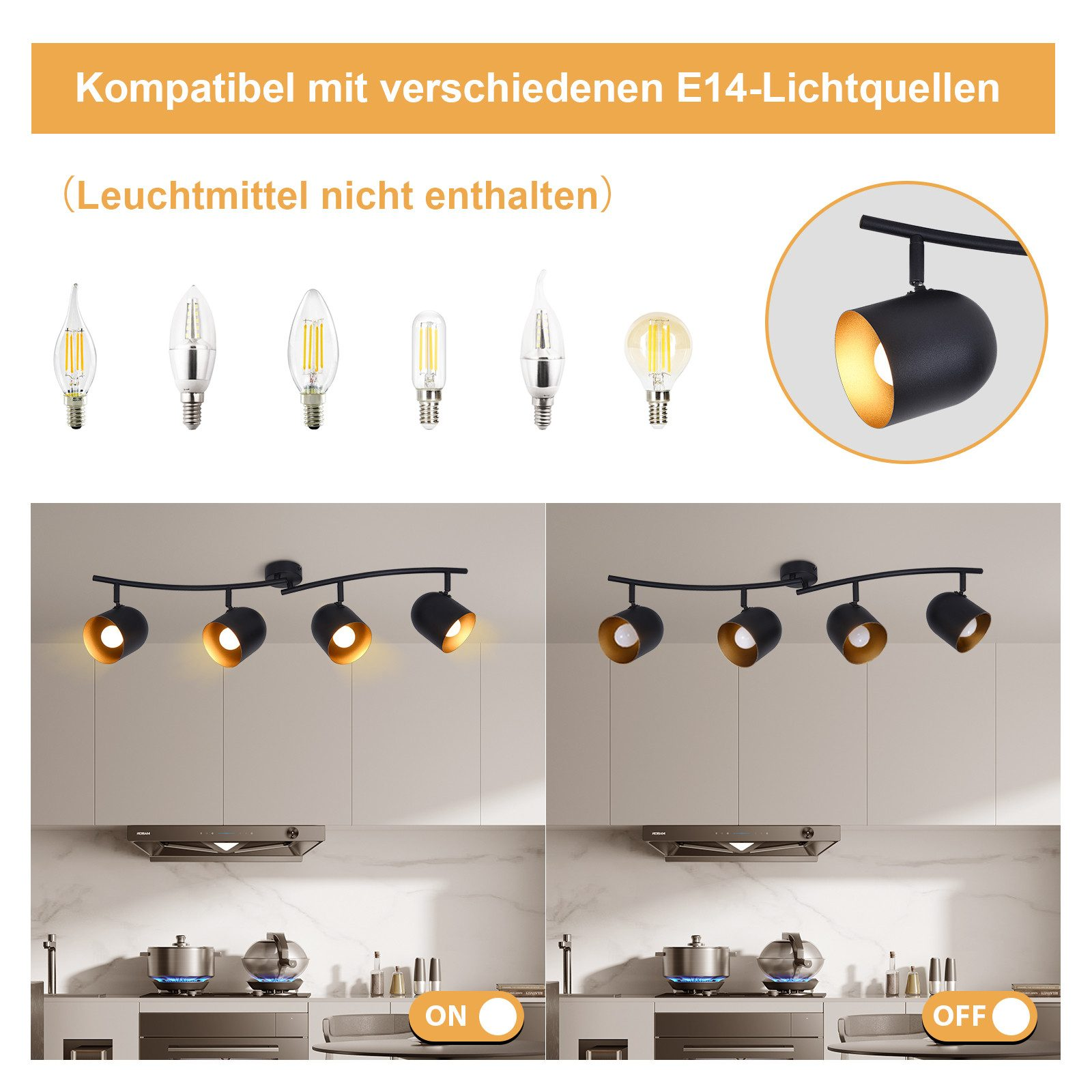 Diversi apparecchi di illuminazione con lampadine e una scena di cucina. Testo in tedesco in alto.