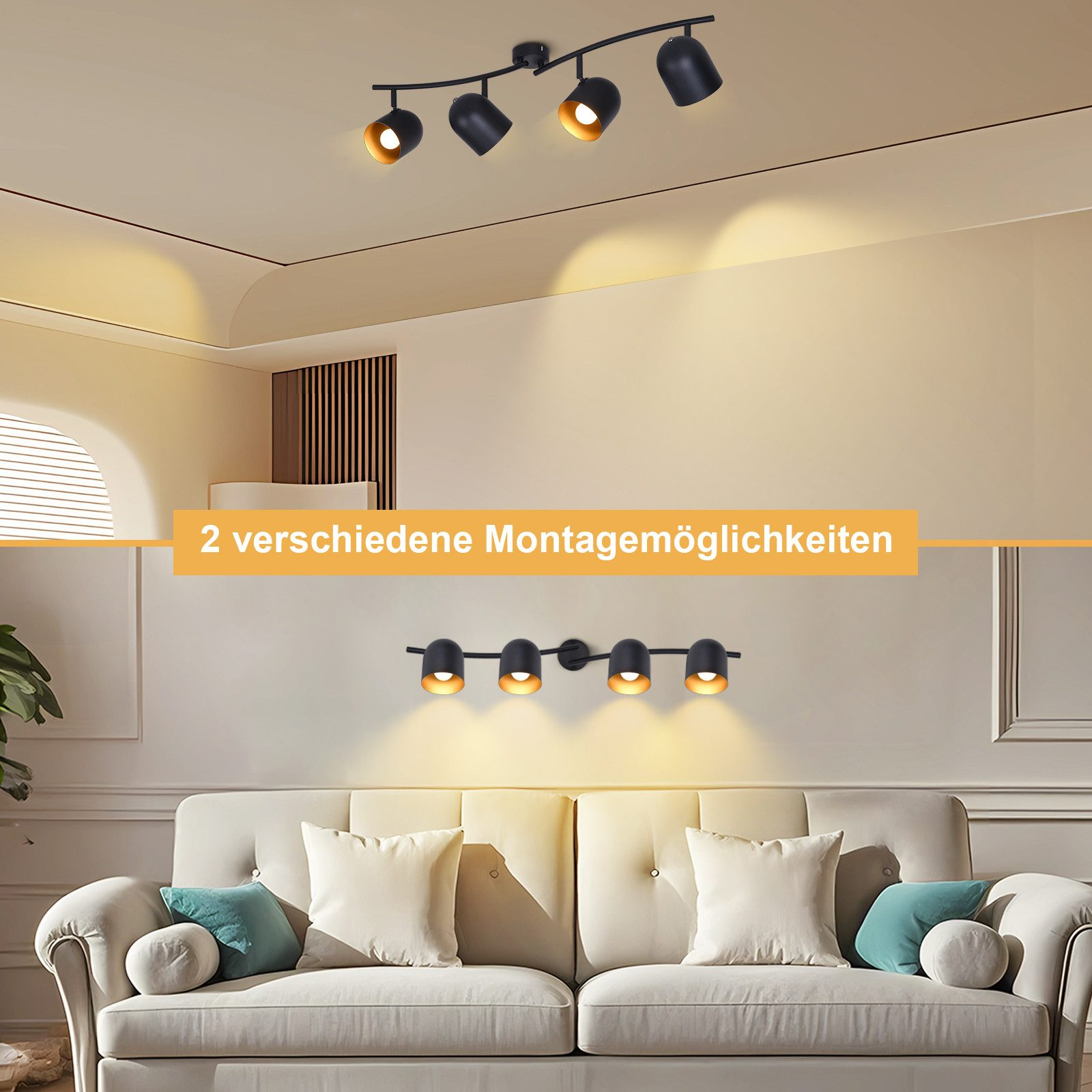 Illuminazione a binario nera a soffitto e parete, sopra un divano. Vengono visualizzate due opzioni di montaggio.