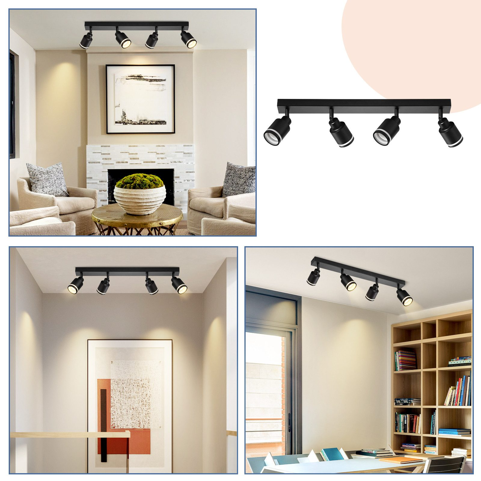 Immagini di illuminazione a binario nera in varie impostazioni: soggiorno, soffitto e interni di stanze.