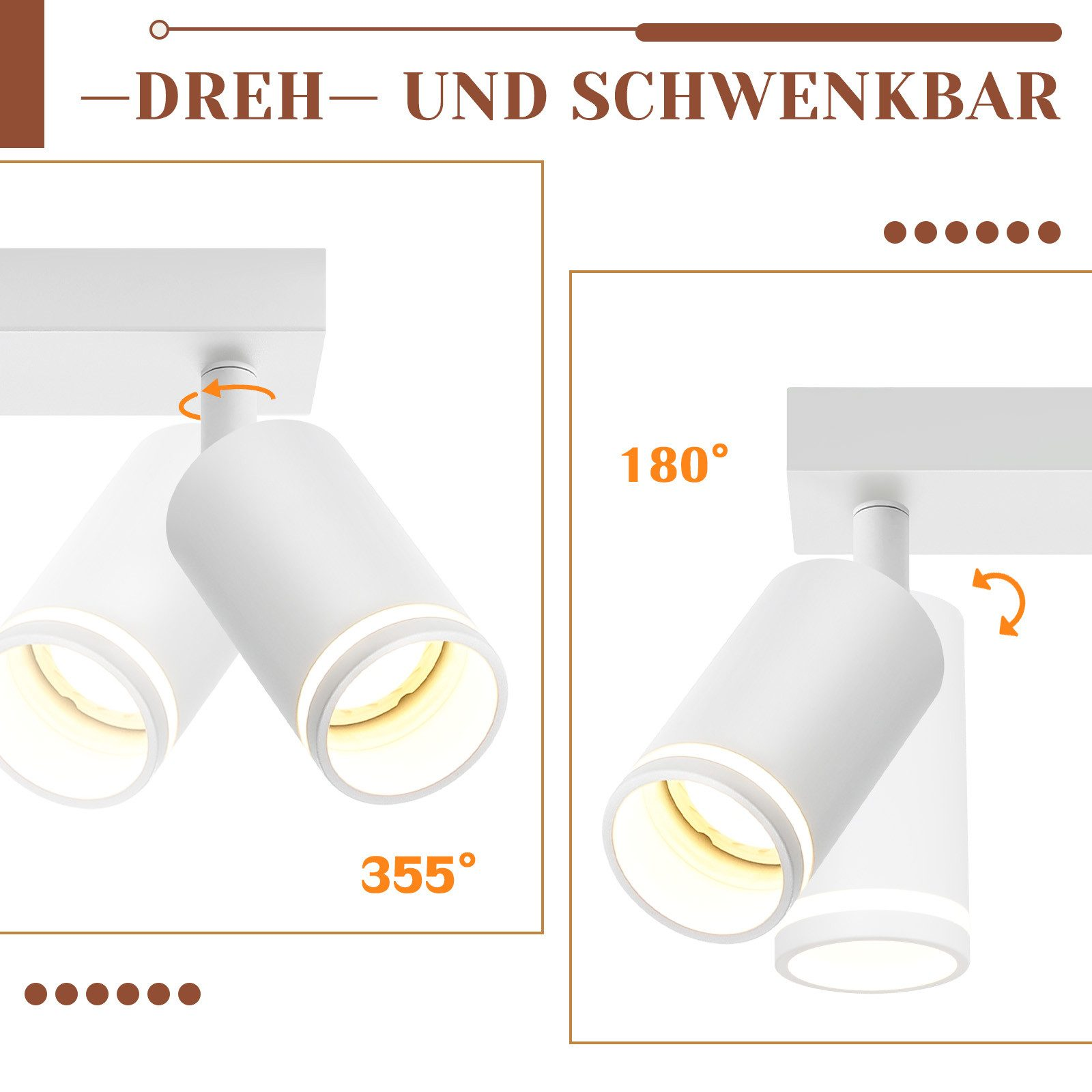 Białe reflektory, regulowane w zakresie 355 stopni i 180 stopni, zamontowane na białej ramie.