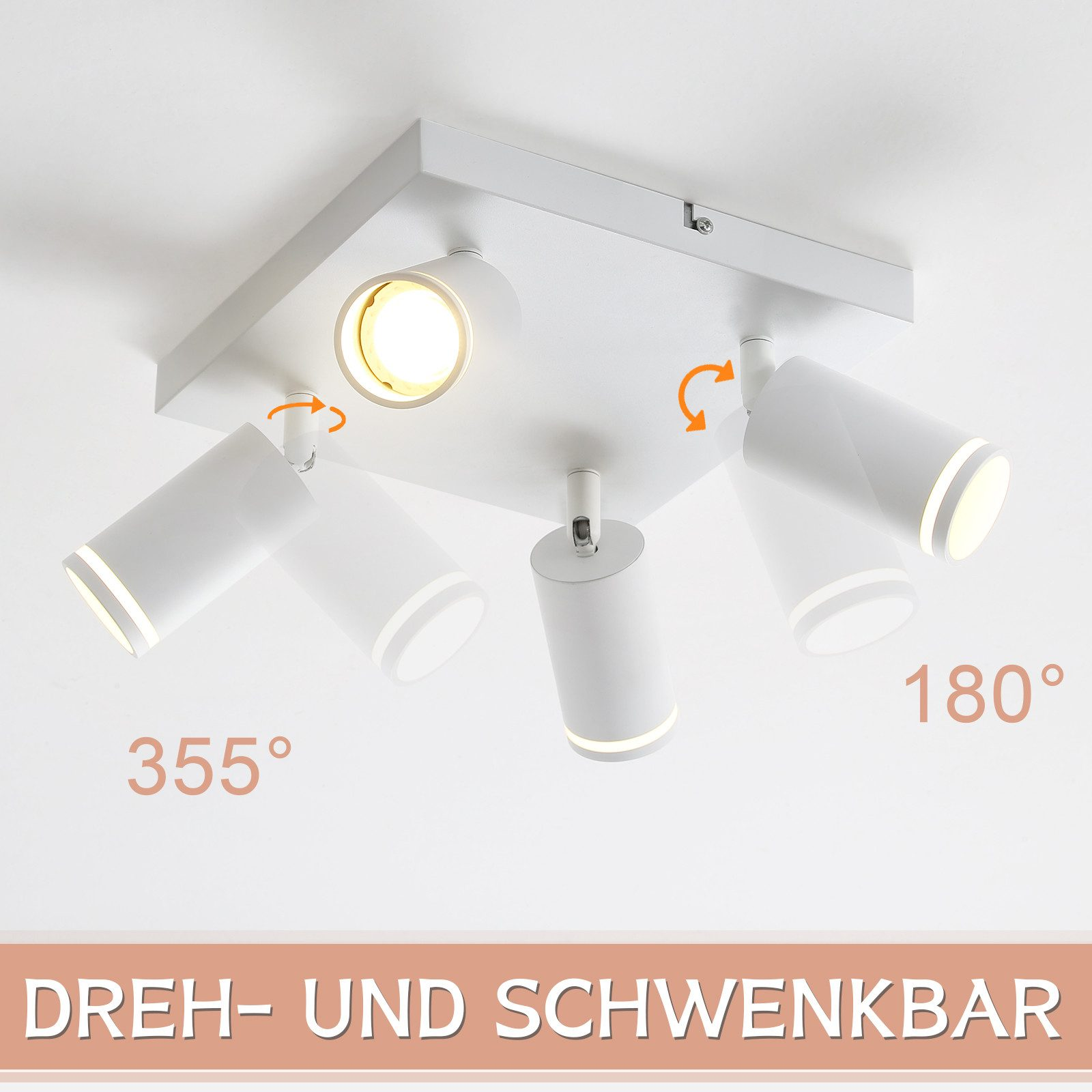 Faretti da soffitto bianchi. Regolabili e rotanti, con annotazioni angolari. Sfondo soffitto bianco.