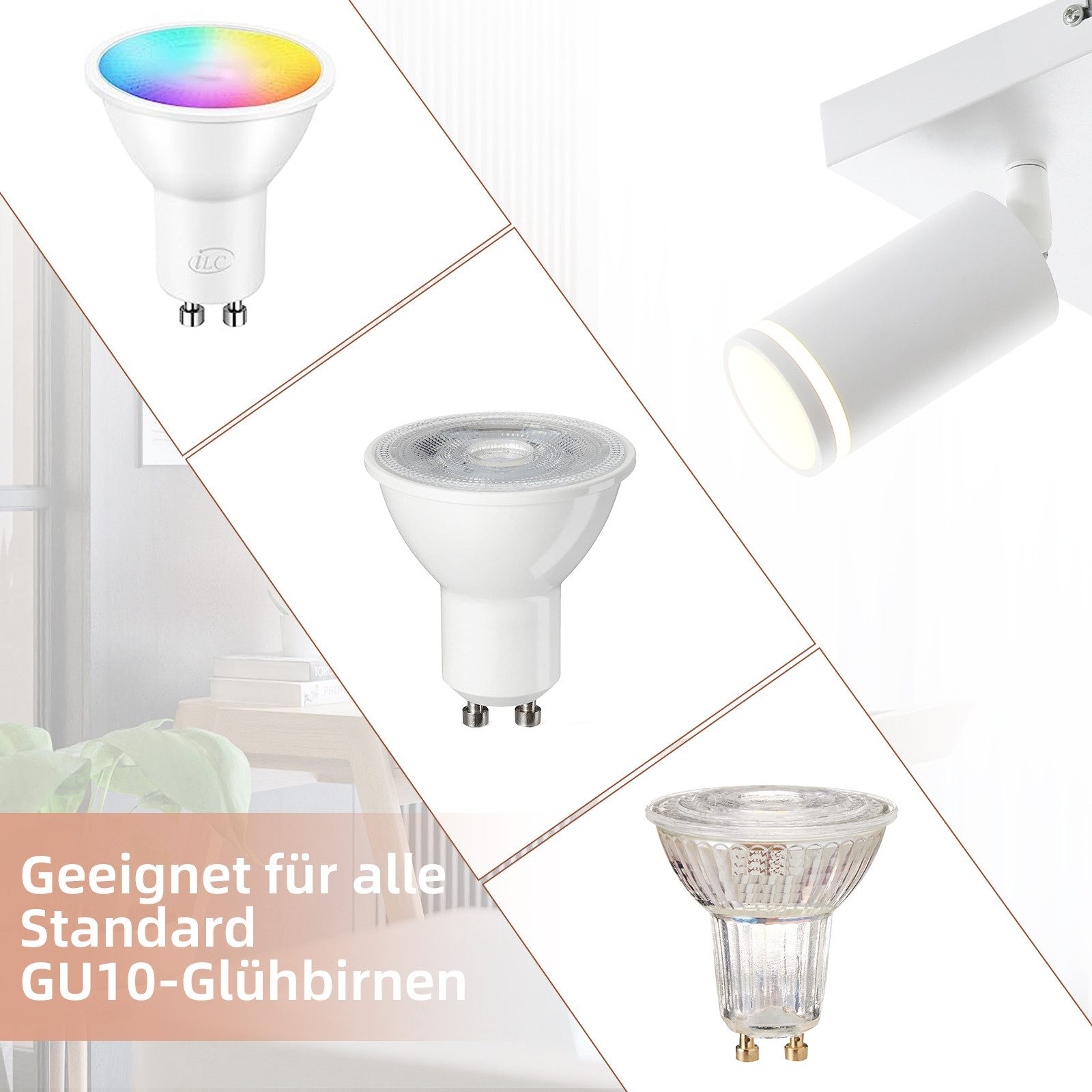 Varie lampadine GU10, alcune accese. Una multicolore, altre trasparenti e bianche.