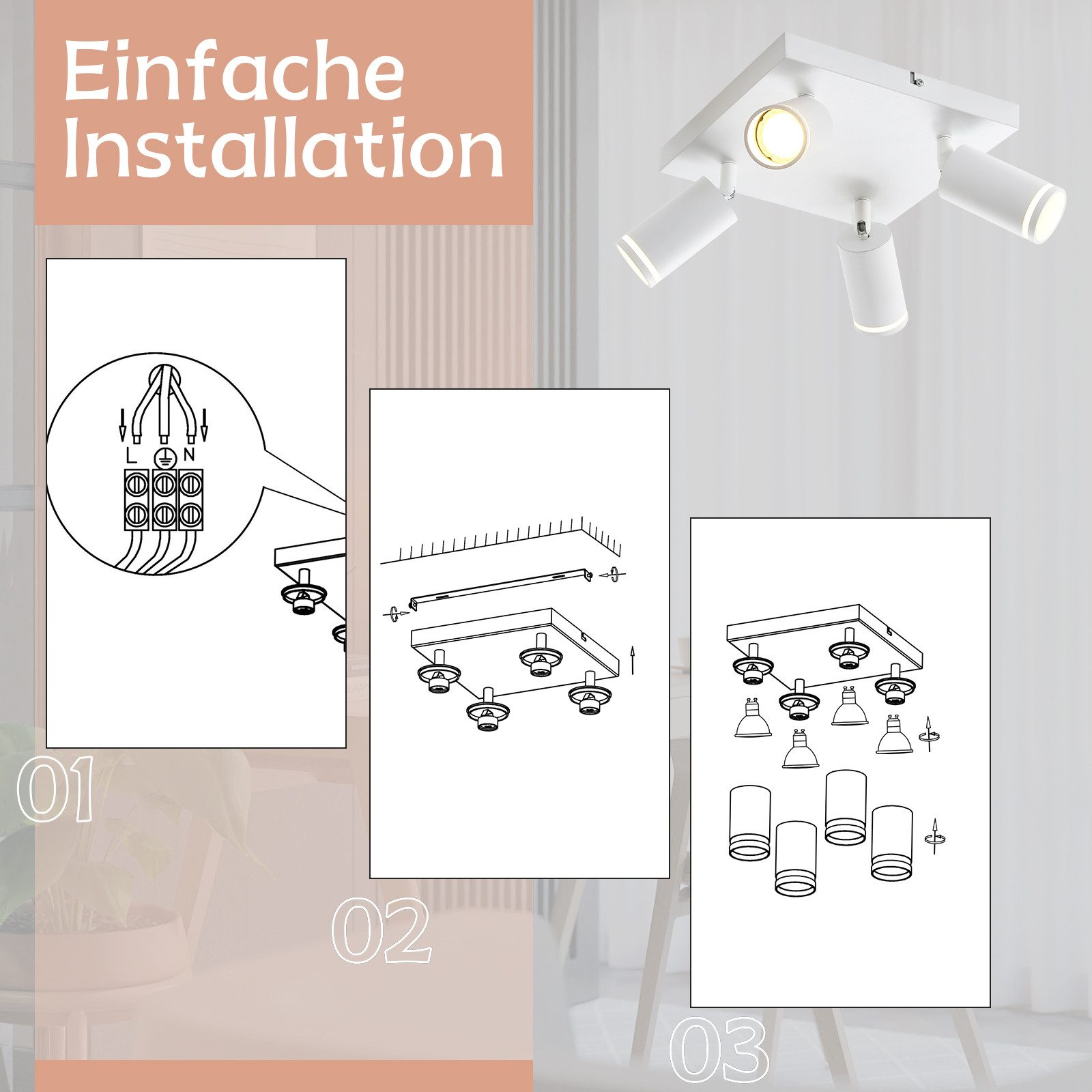 Diagrammi che illustrano l'installazione di una plafoniera bianca a quattro faretti, con passaggi di cablaggio e montaggio.
