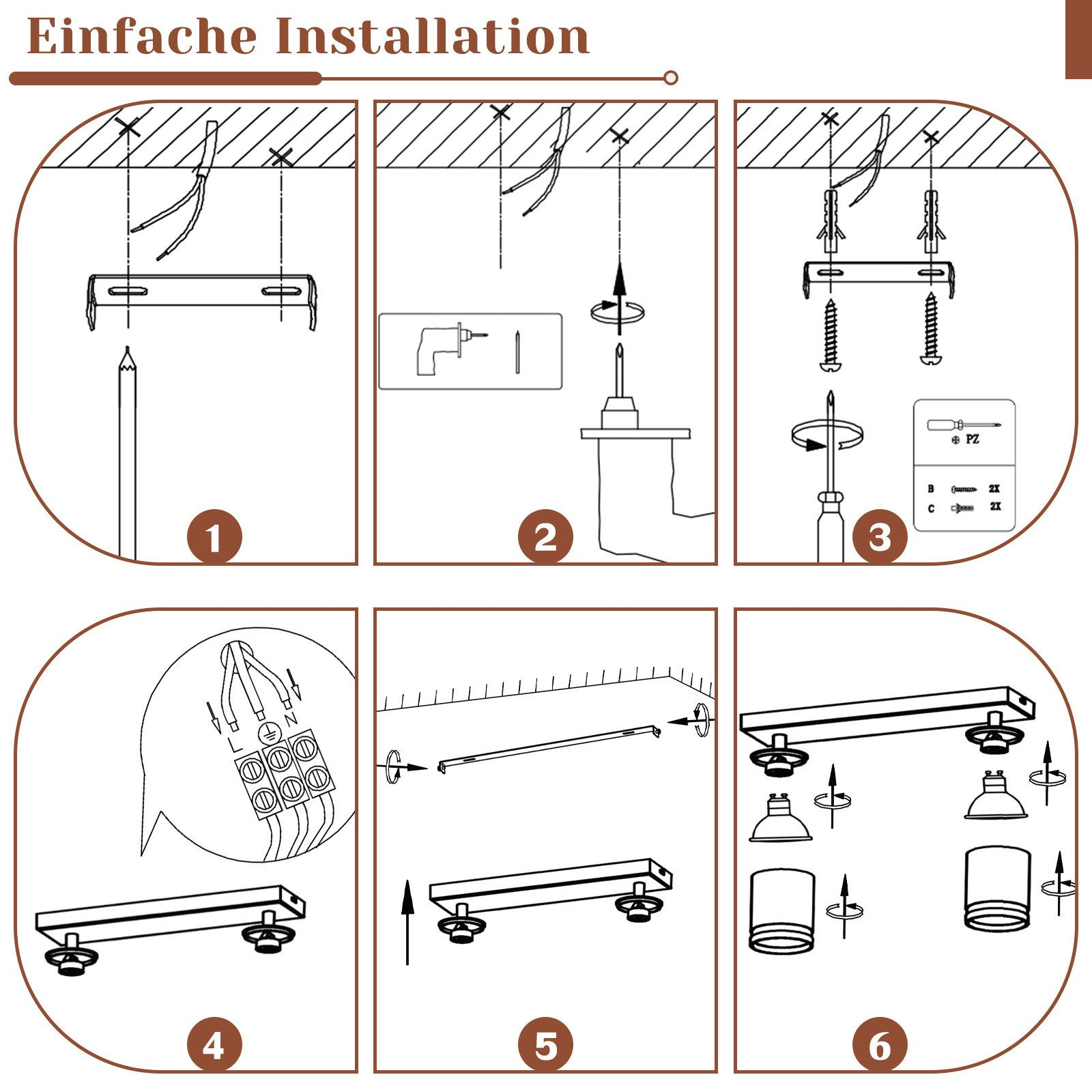 Schema dei passaggi per l'installazione di un apparecchio di illuminazione: staffa, foratura, avvitamento, cablaggio e montaggio.
