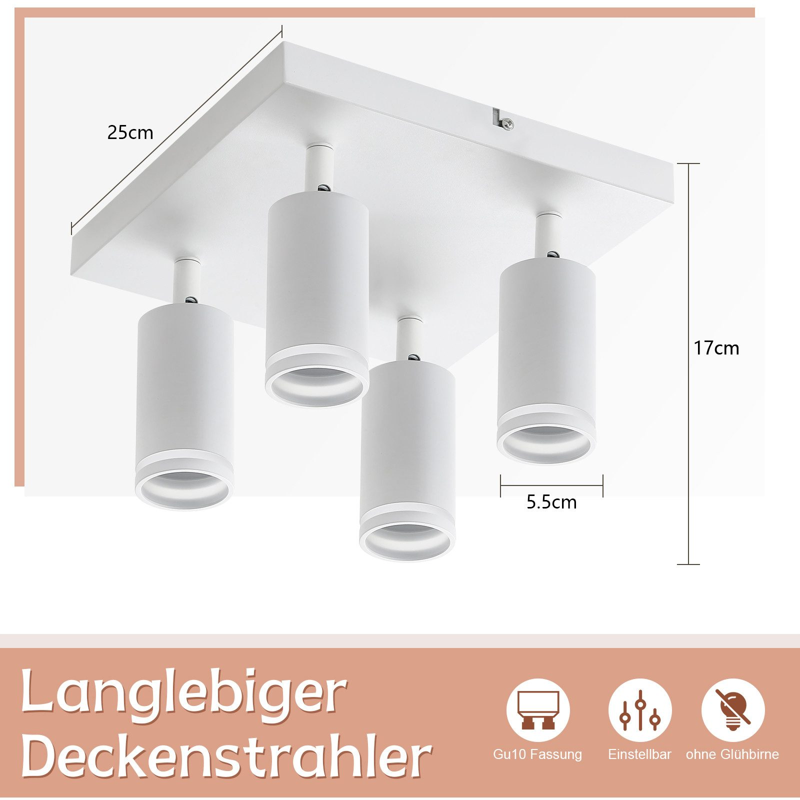 Un apparecchio per l'illuminazione a soffitto quadrato bianco con quattro luci cilindriche. Il testo indica dimensioni e caratteristiche come l'attacco GU10.