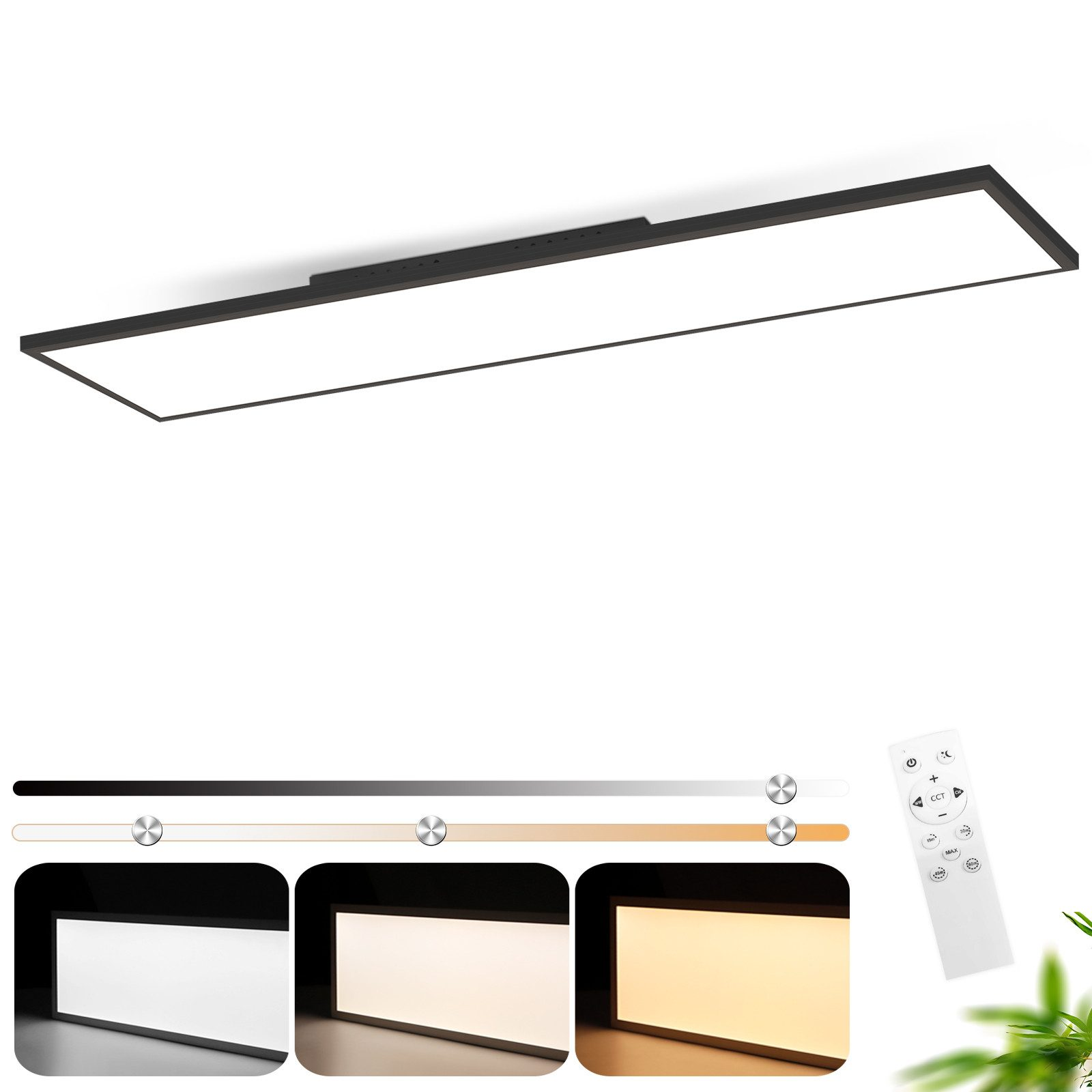 Plafoniera a LED rettangolare nera con telecomando. La luce è accesa e ha variazioni di colore.