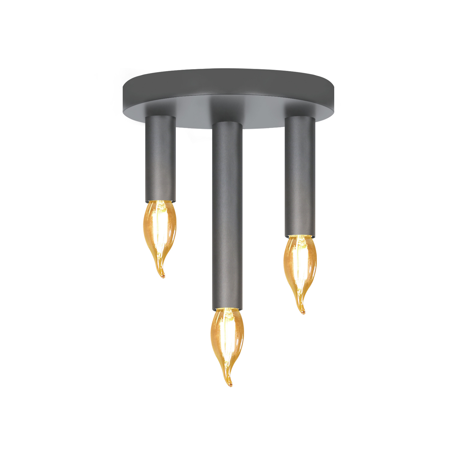Tre lampade a sospensione, grigio scuro, ciascuna con una lampadina a forma di fiamma.