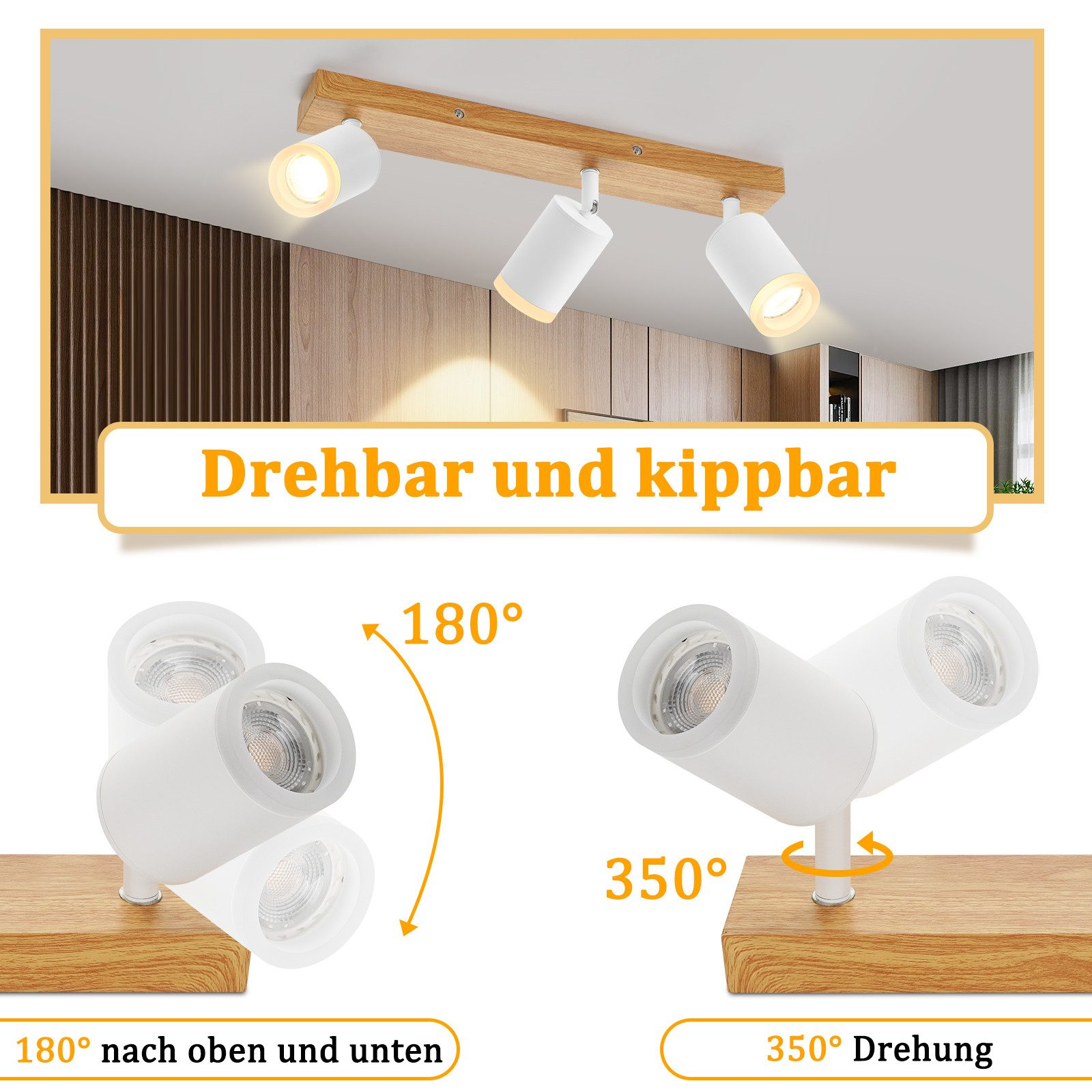 Luci a soffitto bianche con teste regolabili. Le teste delle luci possono ruotare di 180 e 350 gradi.