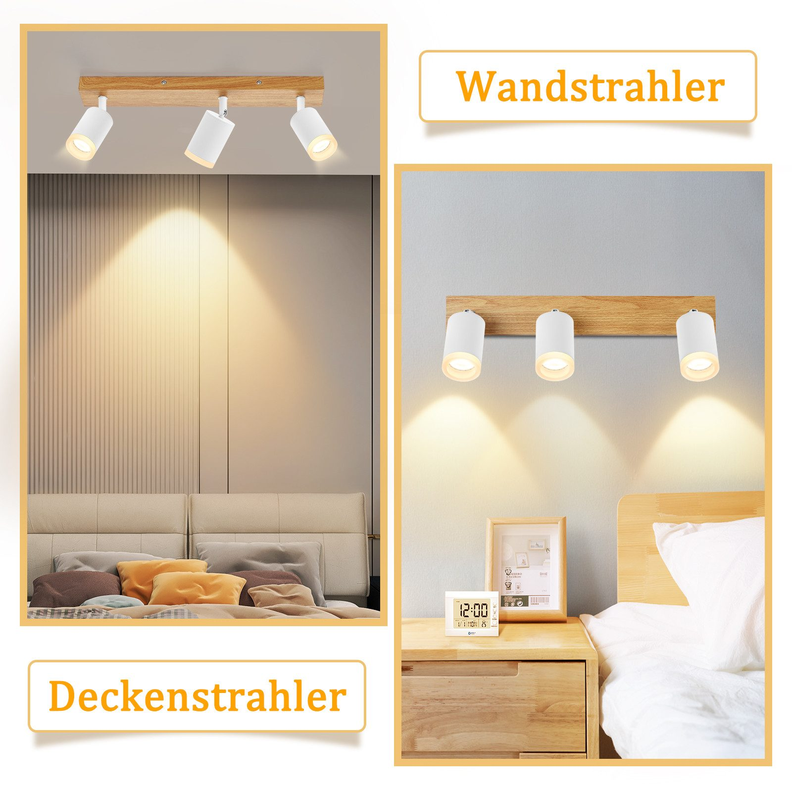 Immagini che mostrano luci a soffitto sopra un letto e vicino a un comodino, etichettate come 'Deckenstrahler' e 'Wandstrahler'.