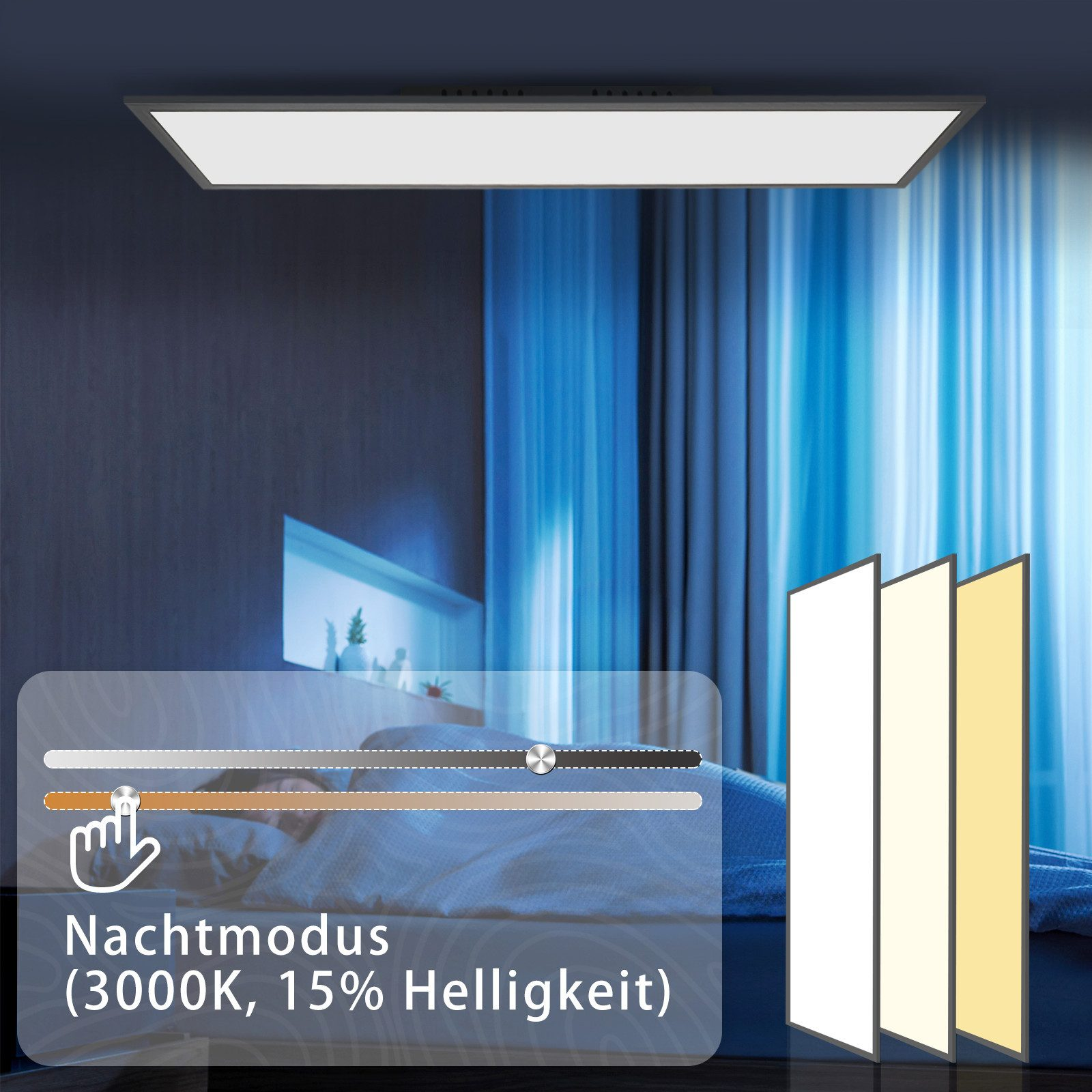 Scena della camera da letto con luce da soffitto regolabile, cursore per luminosità e temperatura colore.