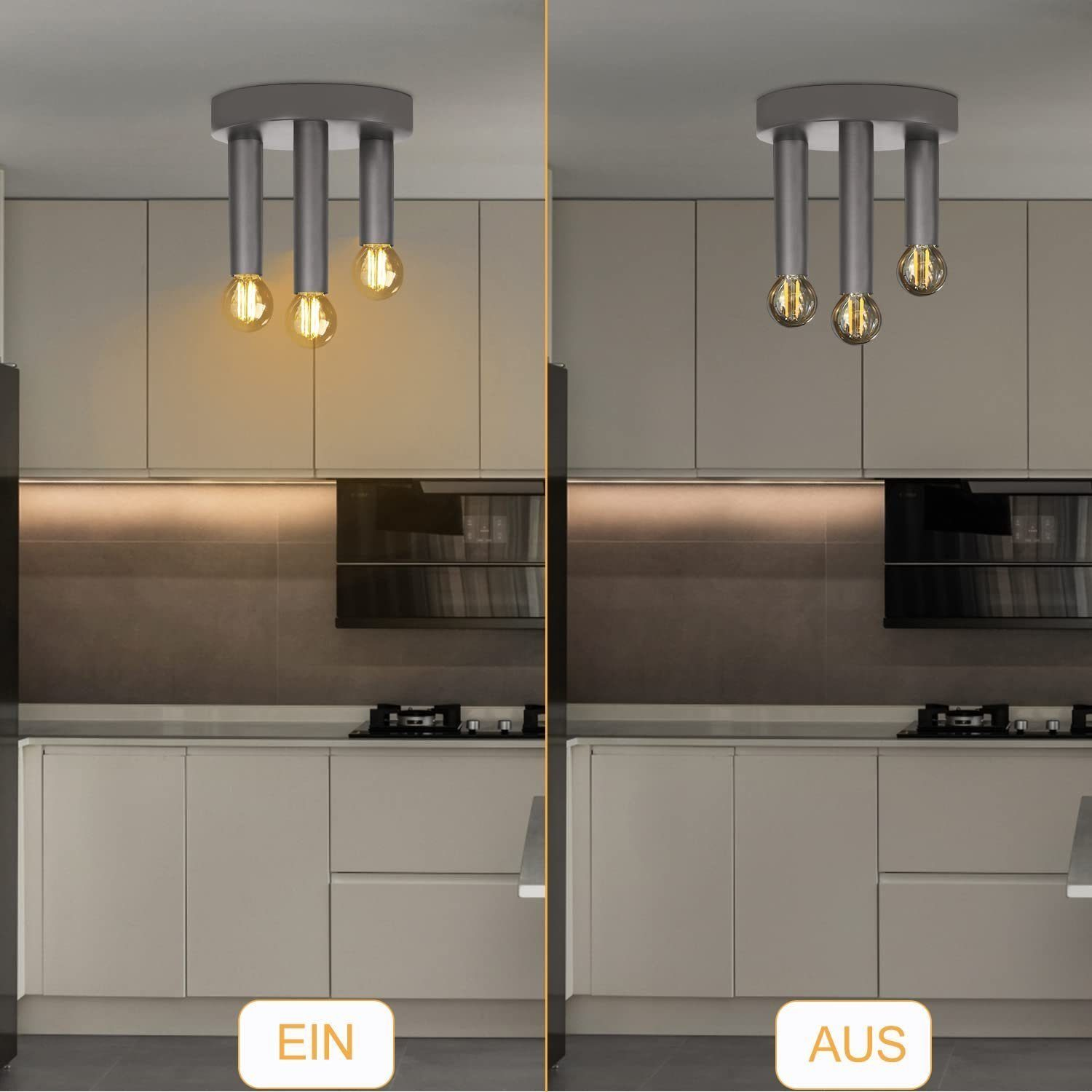 Scena di cucina con due impostazioni di illuminazione: 'EIN' (acceso) e 'AUS' (spento) con lampadine.
