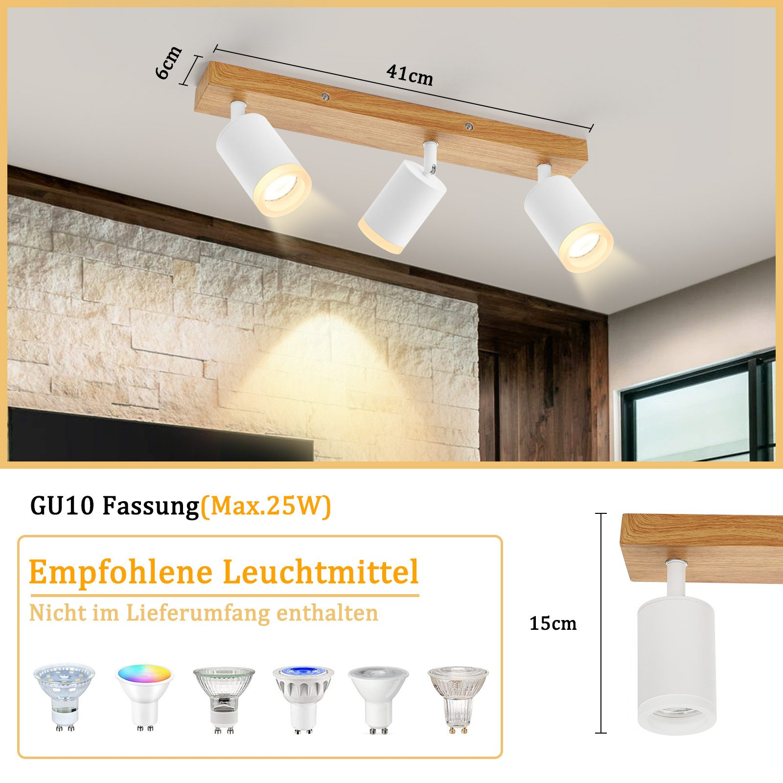 Trave di legno con tre faretti bianchi. Dimensioni e tipi di lampade sono mostrati nell'immagine.
