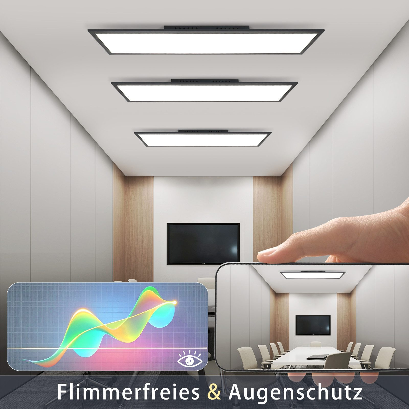 Luci in una sala riunioni e telefono che mostra l'effetto luce, con testo.