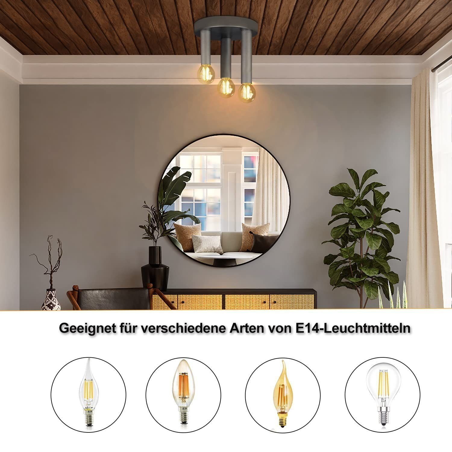 Lampada da soffitto con tre luci. Quattro diverse lampadine sono mostrate sotto.