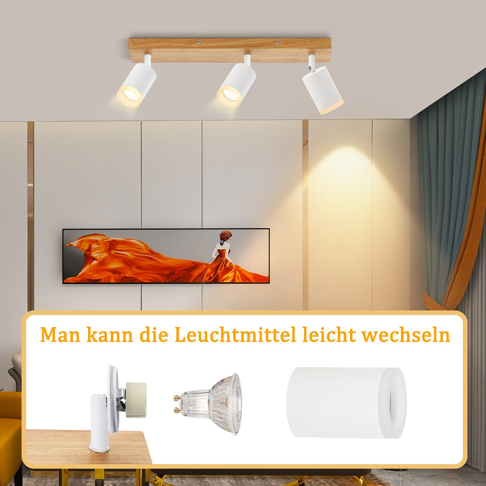 Lampada da soffitto in legno con tre faretti e lampadine intercambiabili.