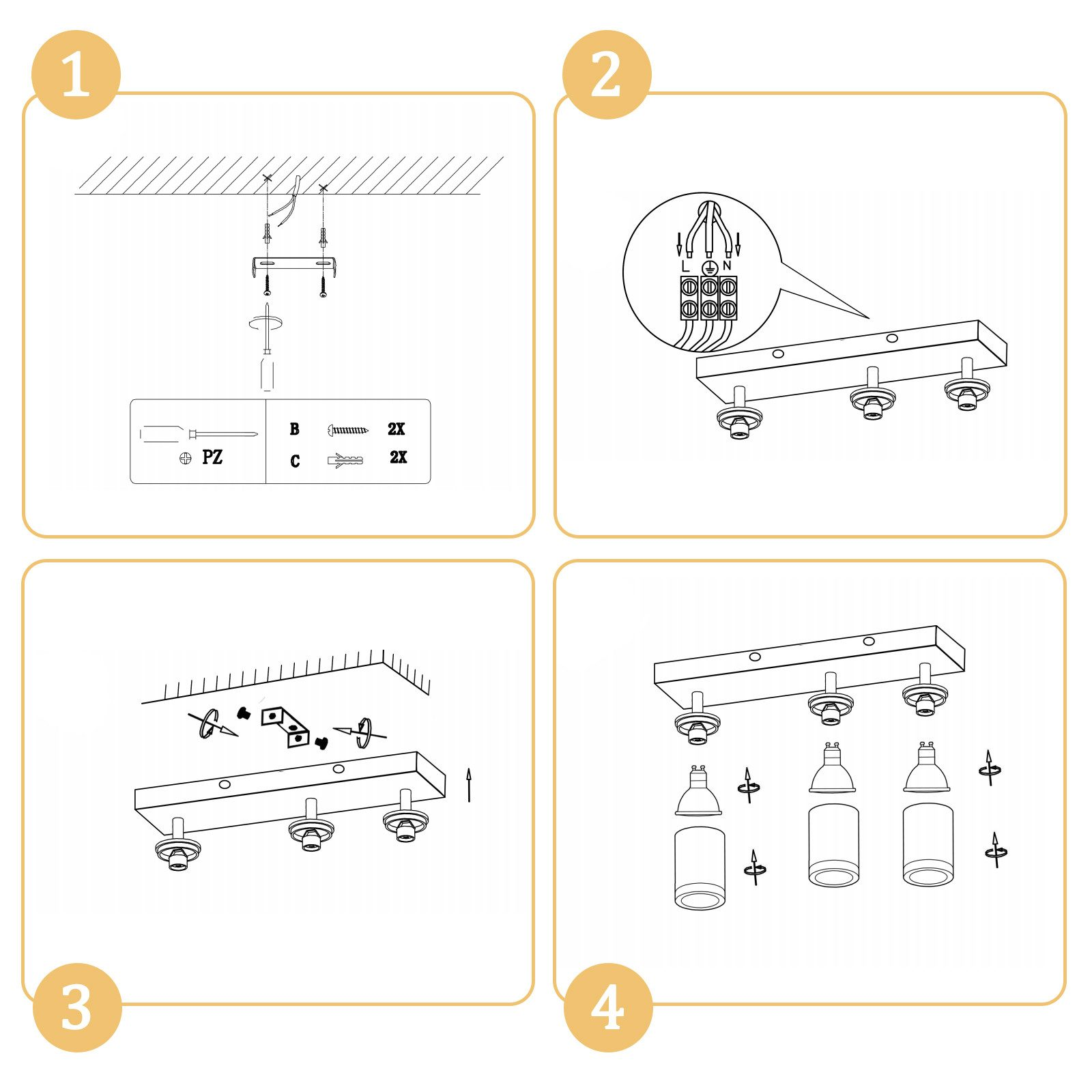 Istruzioni di montaggio per un lampadario a soffitto, illustrate in quattro passaggi.