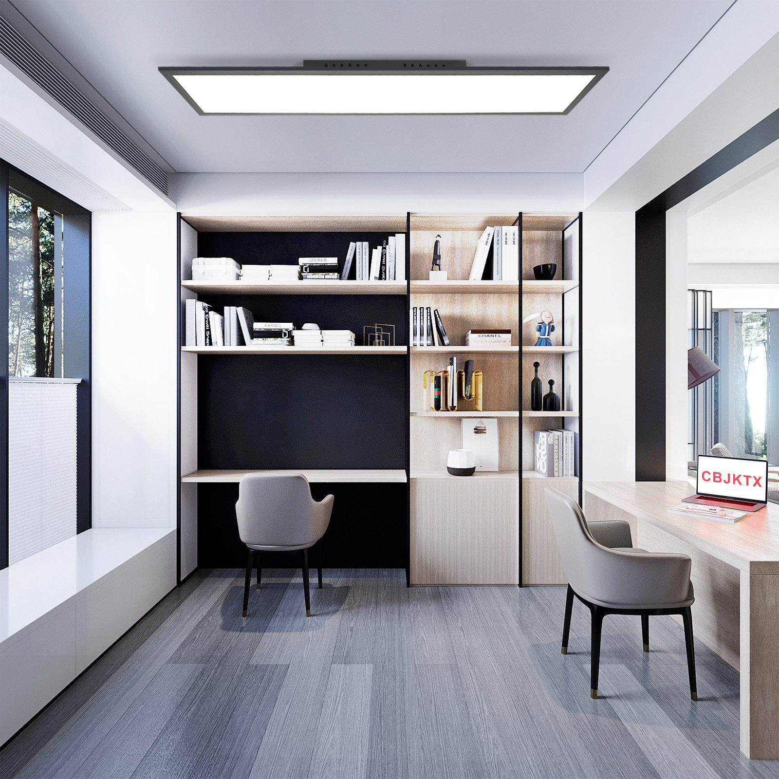Interni con mobili da ufficio, una libreria, sedie grigie e una lampada da soffitto rettangolare.