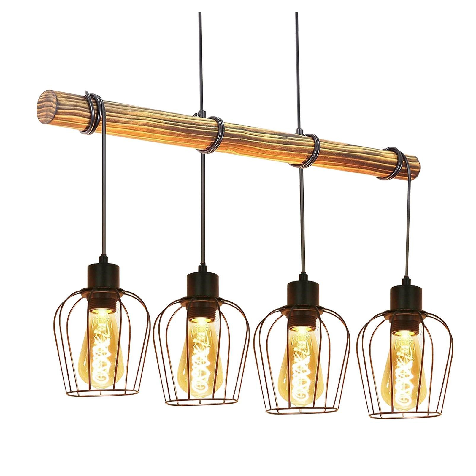 Holzbalken mit vier hängenden, schwarzen Metallkäfigleuchten mit freiliegenden Glühbirnen.