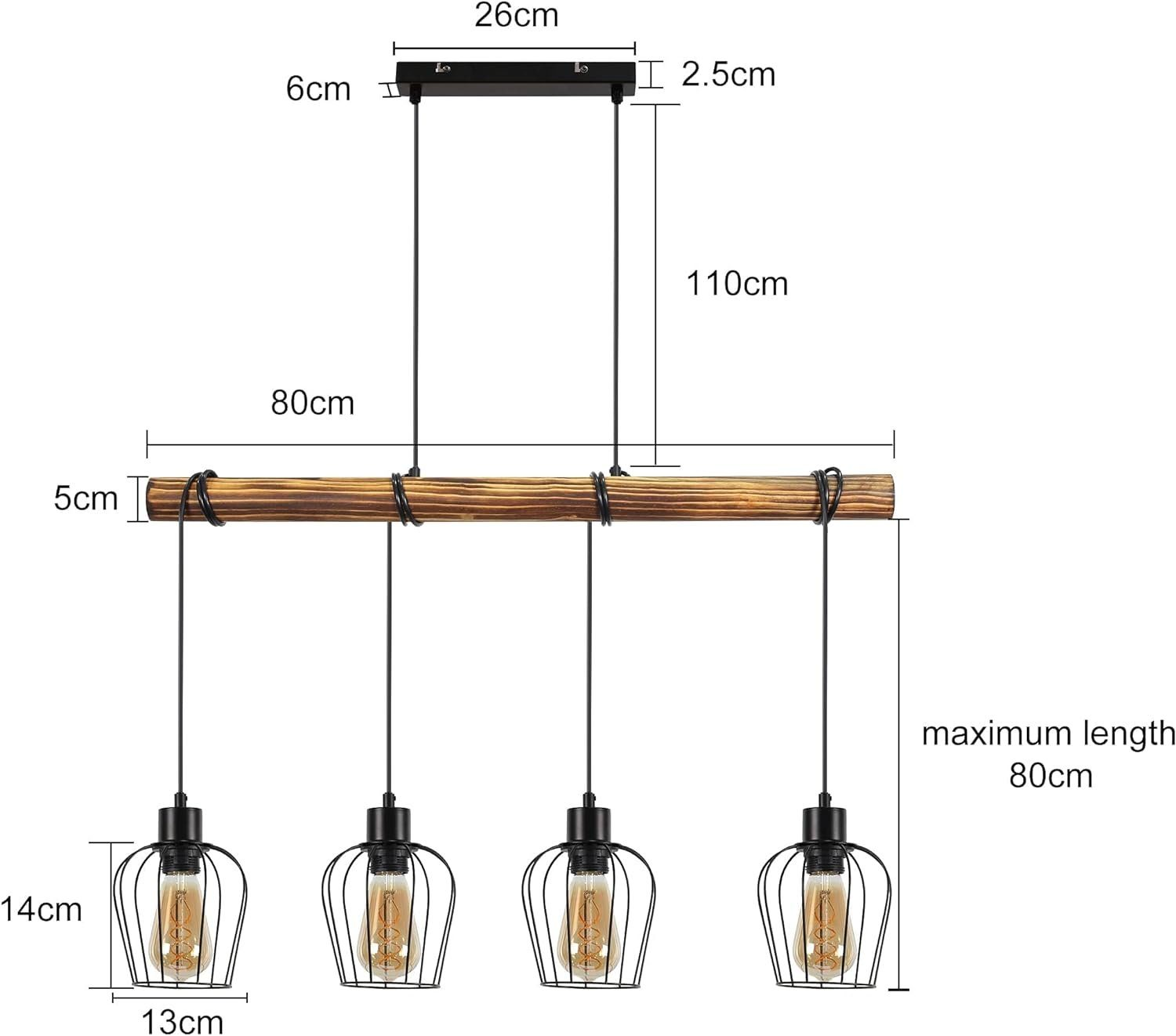 Hängelampe mit vier Lampen, mit auf dem Bild gezeigten Abmessungen.
