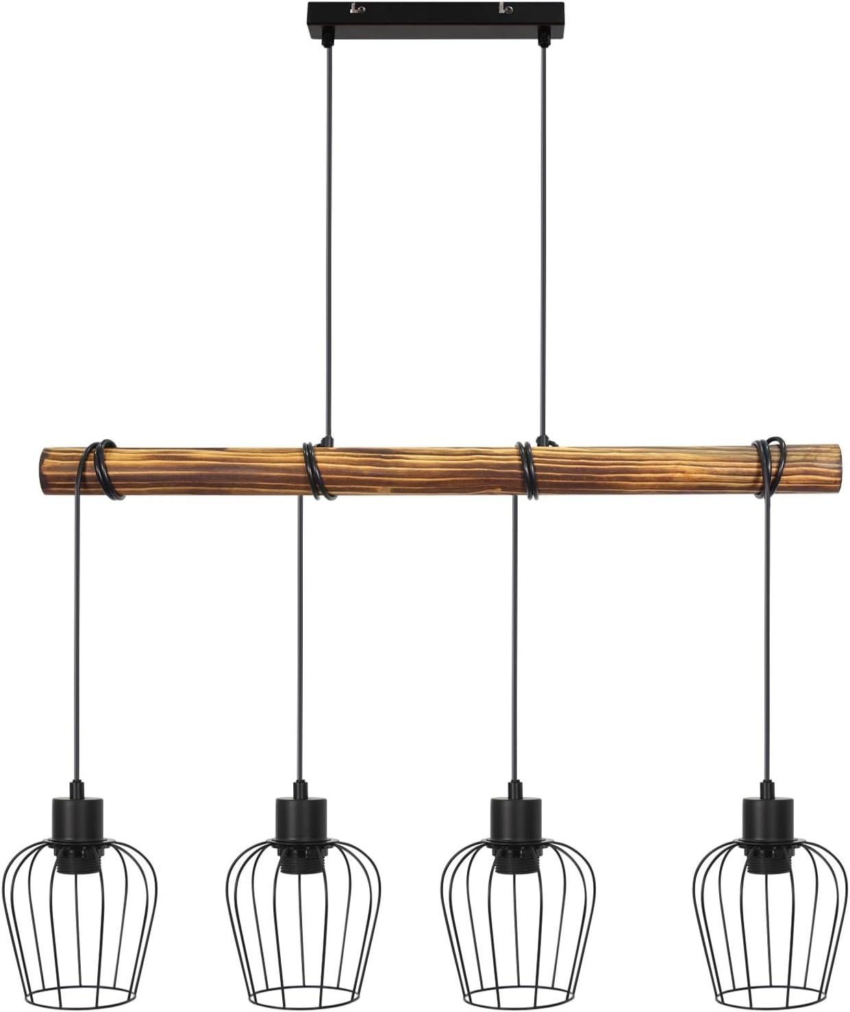 Holzbalken mit vier Pendelleuchten, schwarzen Drahtrahmen und schwarzen Armaturen.