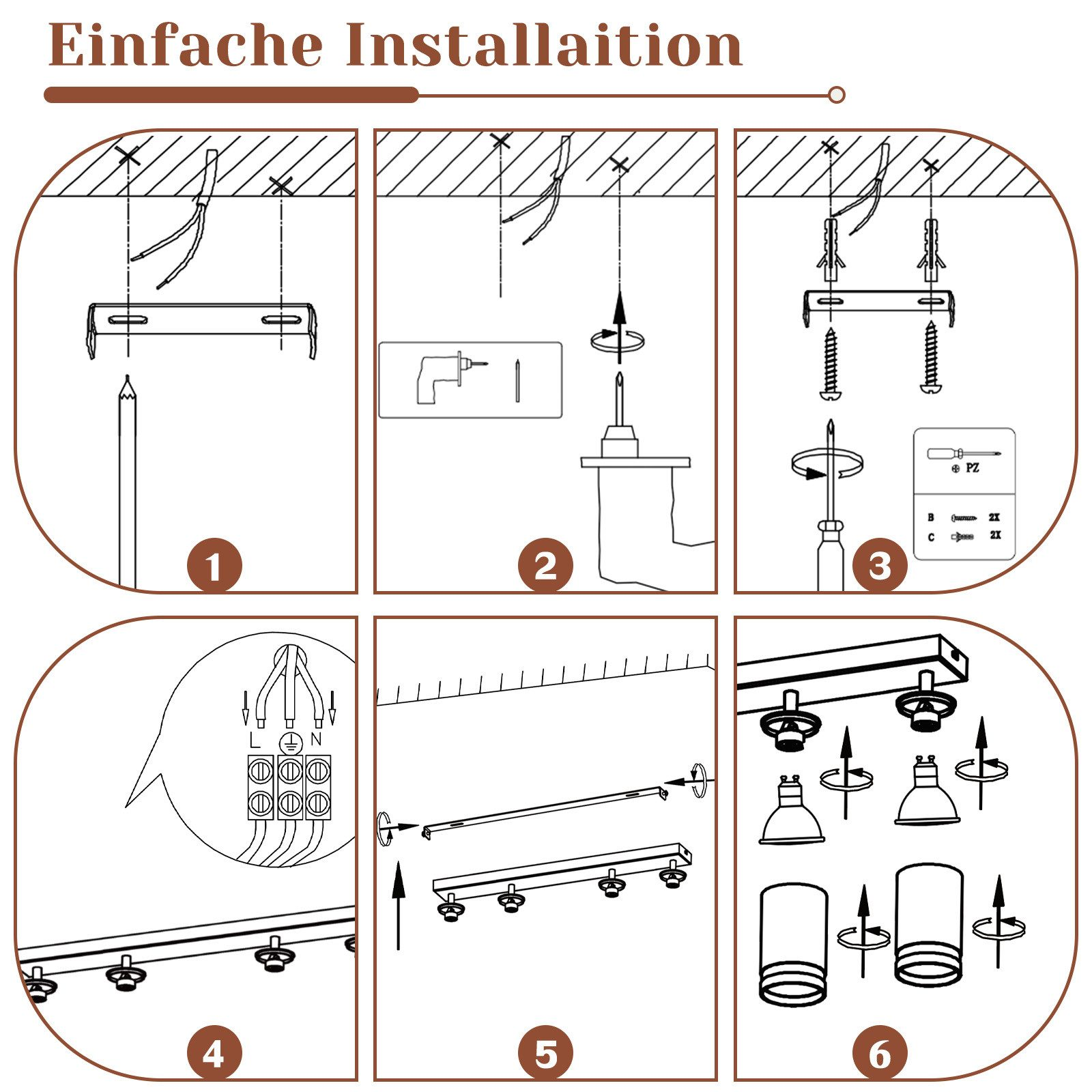 Diagramma che mostra i passaggi per l'installazione di un apparecchio di illuminazione, numerati 1-6, con strumenti e istruzioni.