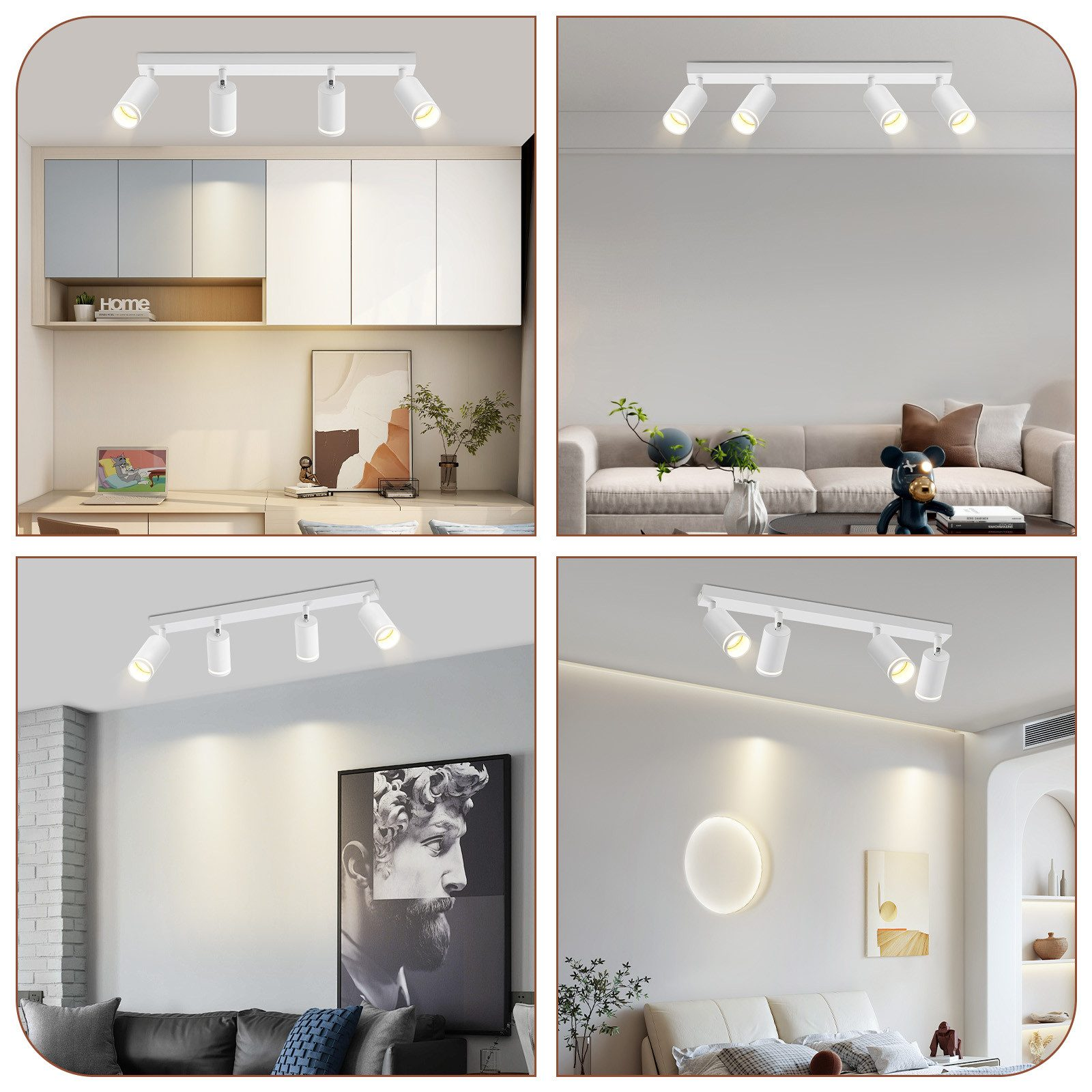 Quattro immagini che mostrano lampade a soffitto in stanze diverse. Le luci hanno più faretti regolabili.