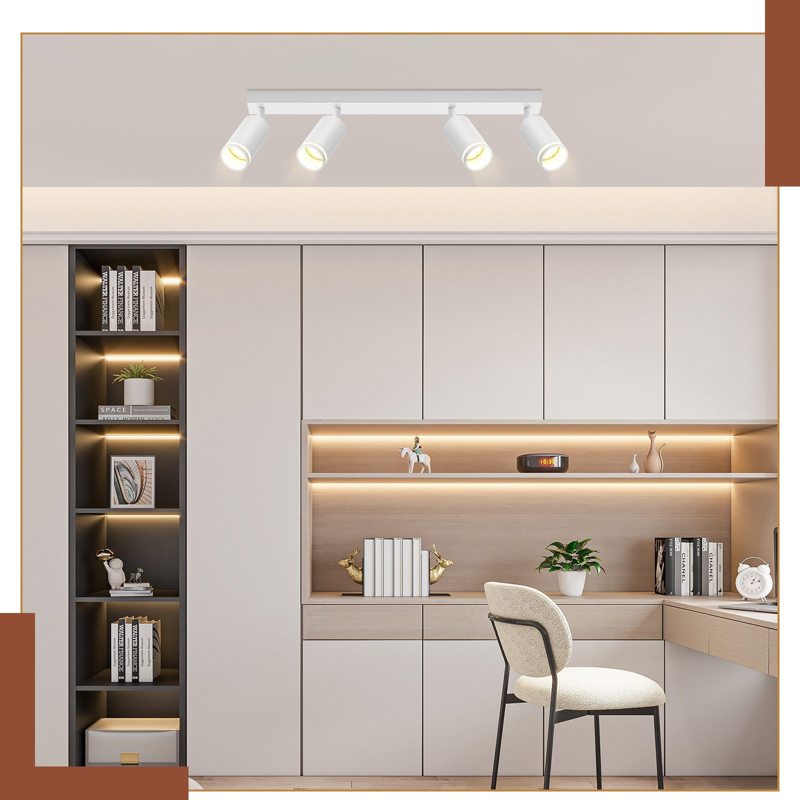 Luci a soffitto bianche moderne con quattro faretti in una stanza con mensole e una scrivania.
