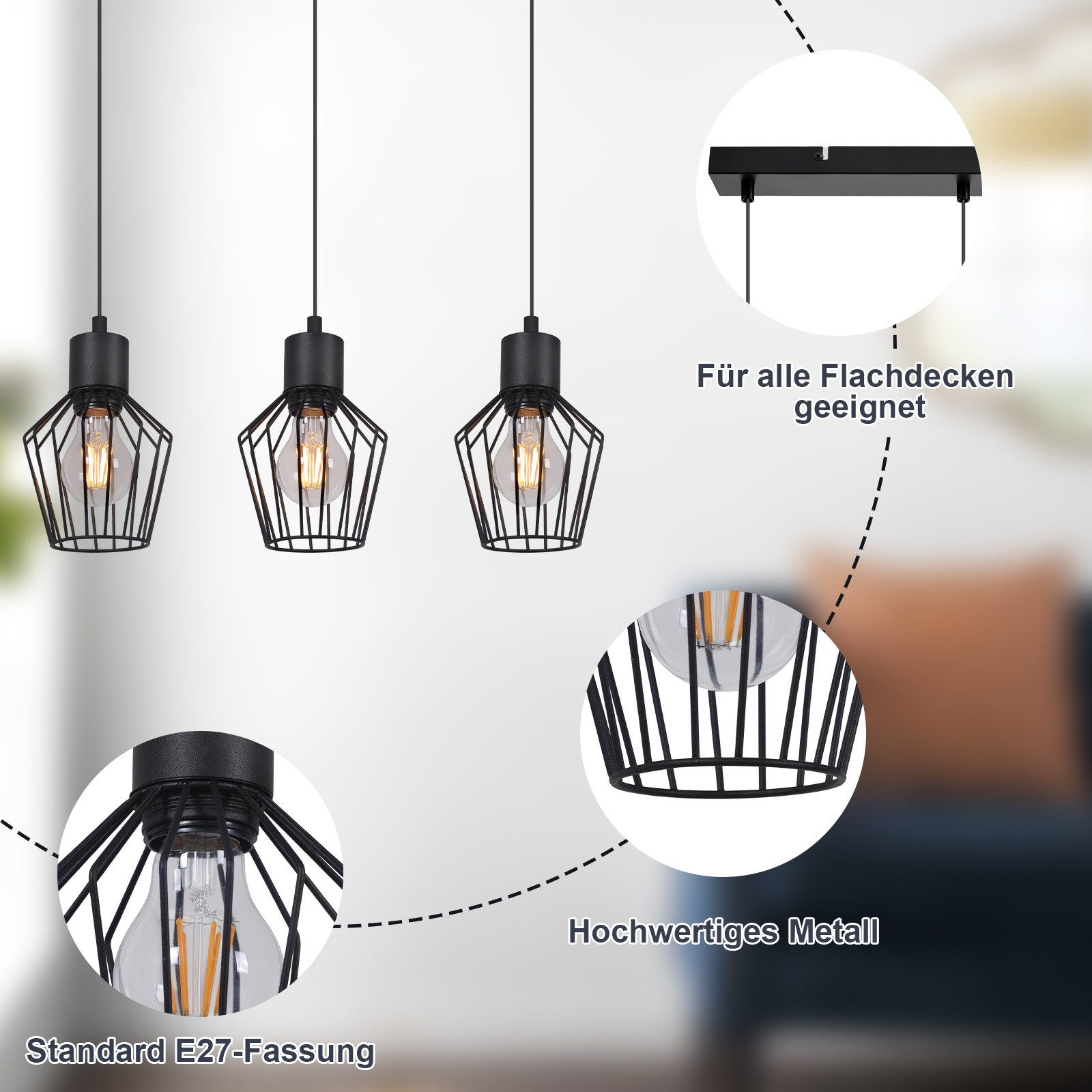Czarne metalowe lampy wiszące w kształcie klatki z żarówkami. Szczegóły z tekstem i zbliżeniami.