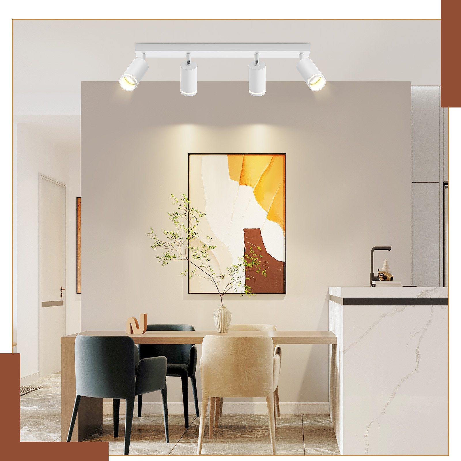Un moderno soggiorno con illuminazione a incasso e zona pranzo.