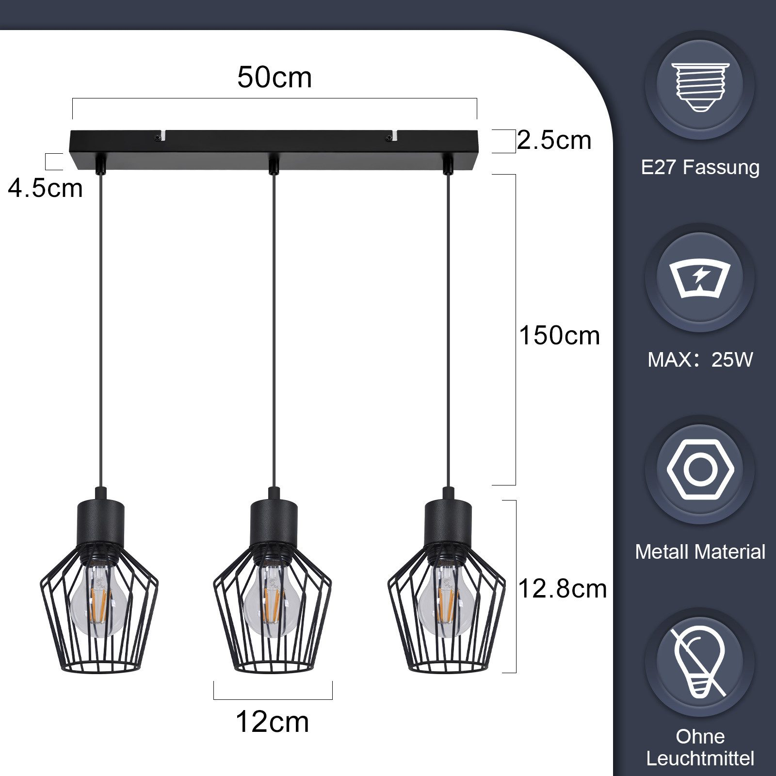 Una lampada a sospensione a tre luci con dimensioni e testo. Le lampade hanno un design a filo nero.
