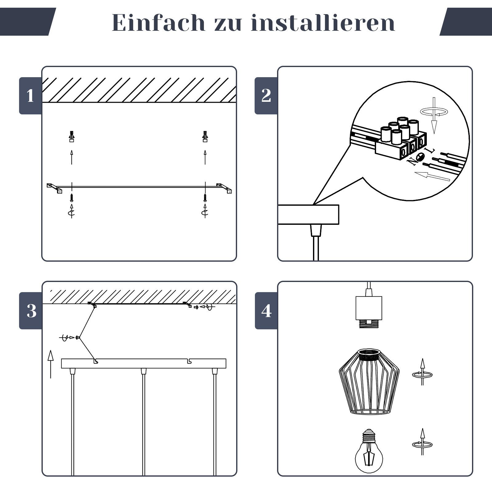 Instrukcja instalacji. Cztery ilustracje krok po kroku pokazujące, jak zainstalować lampy sufitowe.