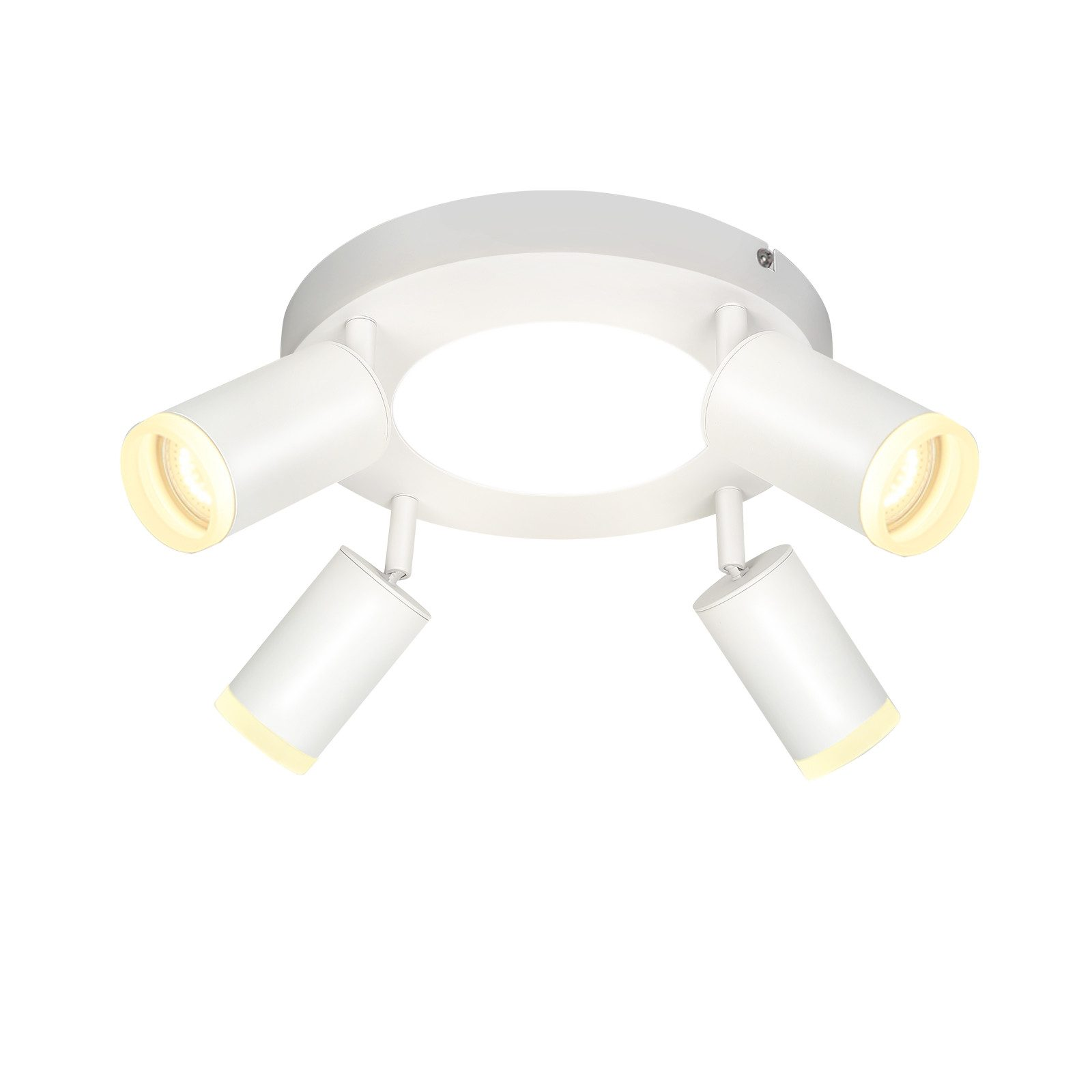 Lampada da soffitto con tre faretti bianchi. Ogni faretto illumina verso il basso.