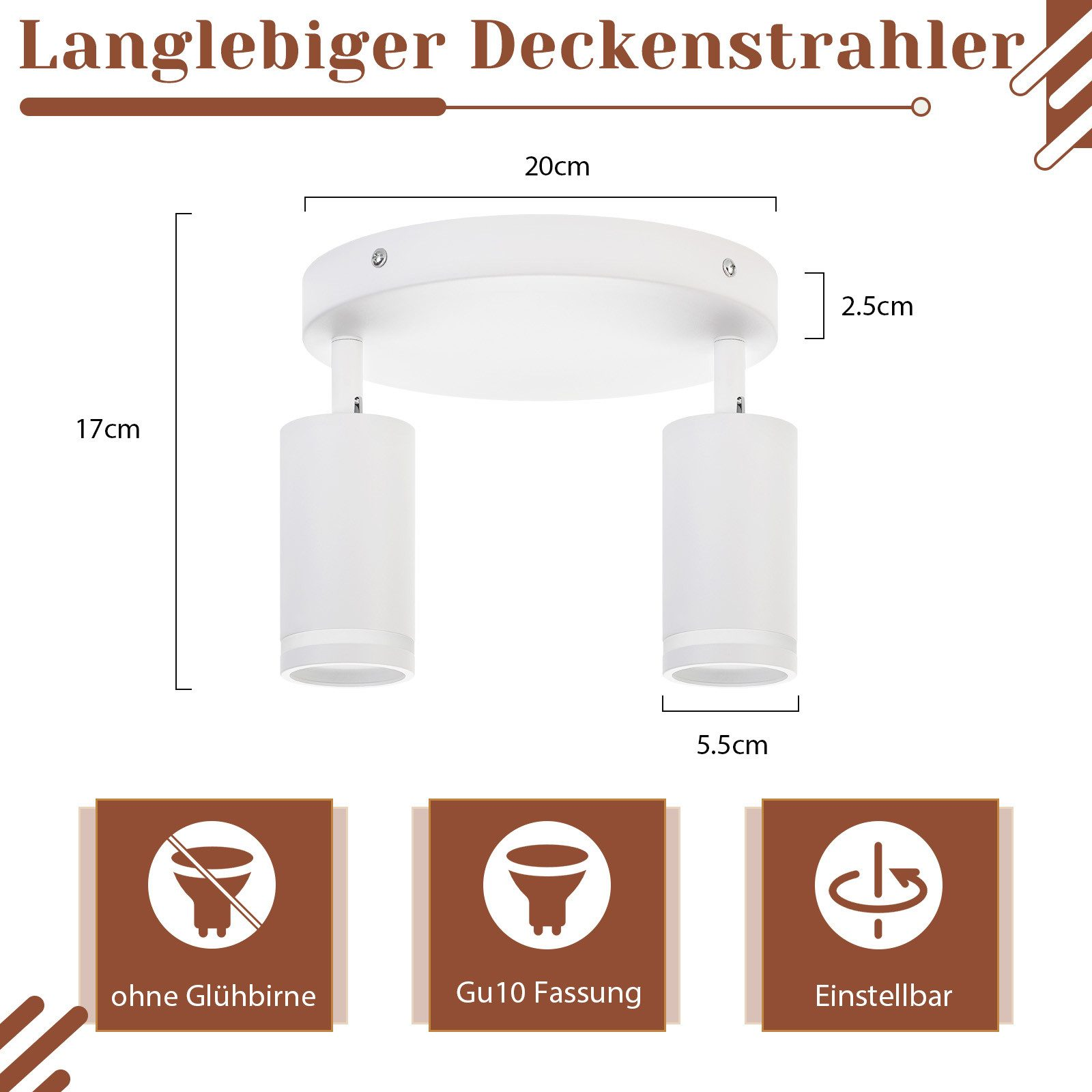Lampada da soffitto bianca con due luci cilindriche e dimensioni. Testo in tedesco.