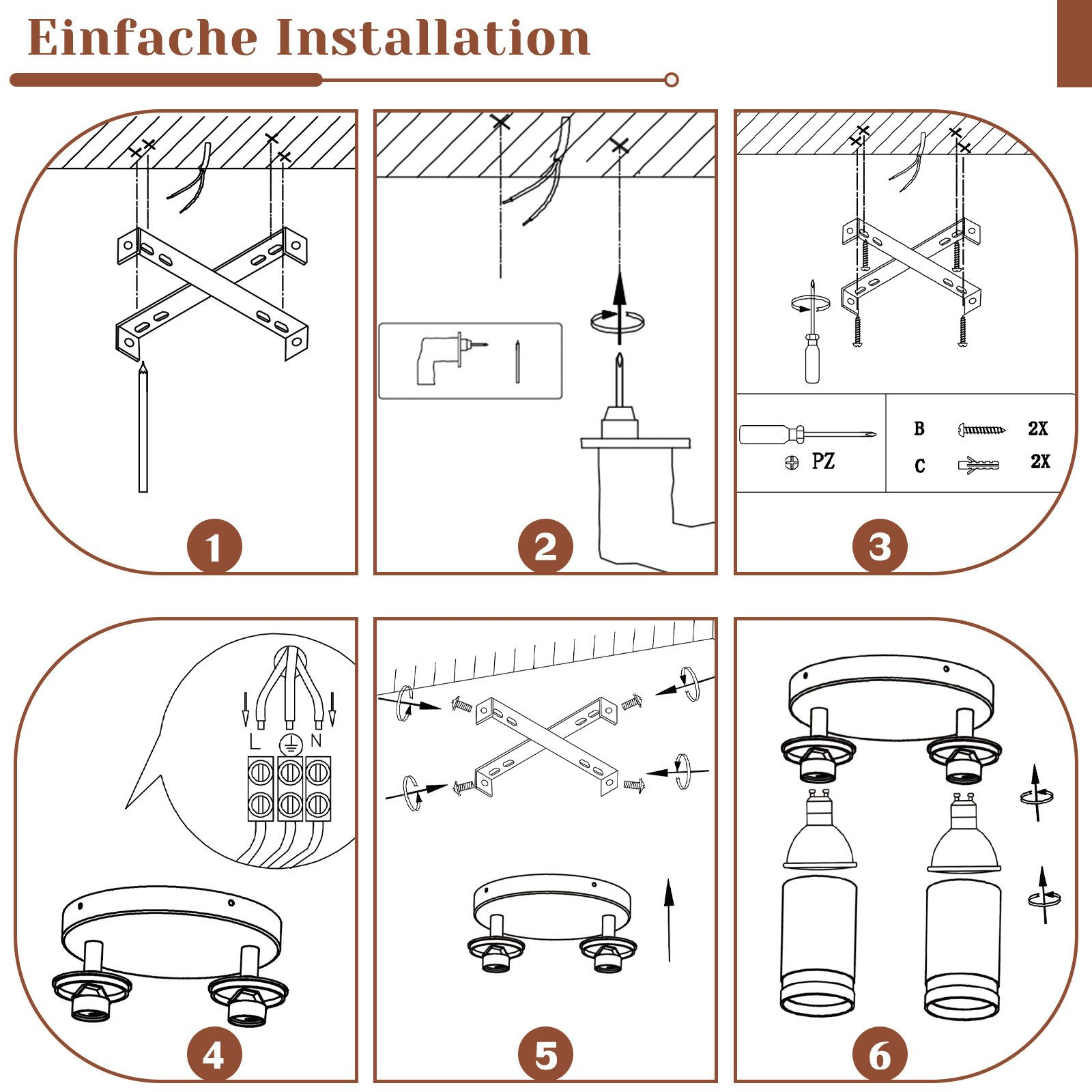 Istruzioni di installazione per un apparecchio di illuminazione, che mostrano i passaggi con diagrammi e strumenti.