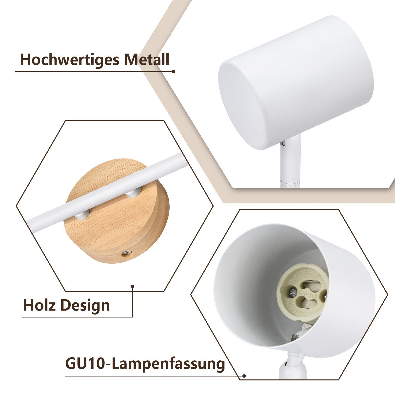 Schemat przedstawiający białą lampę z drewnianą podstawą i gniazdem żarówki GU10.