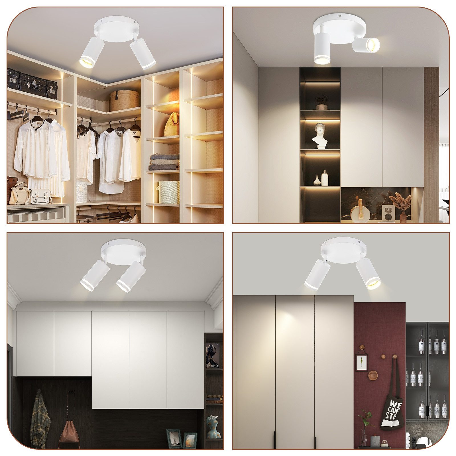 Quattro immagini di luci a soffitto in stanze diverse. Apparecchi bianchi.