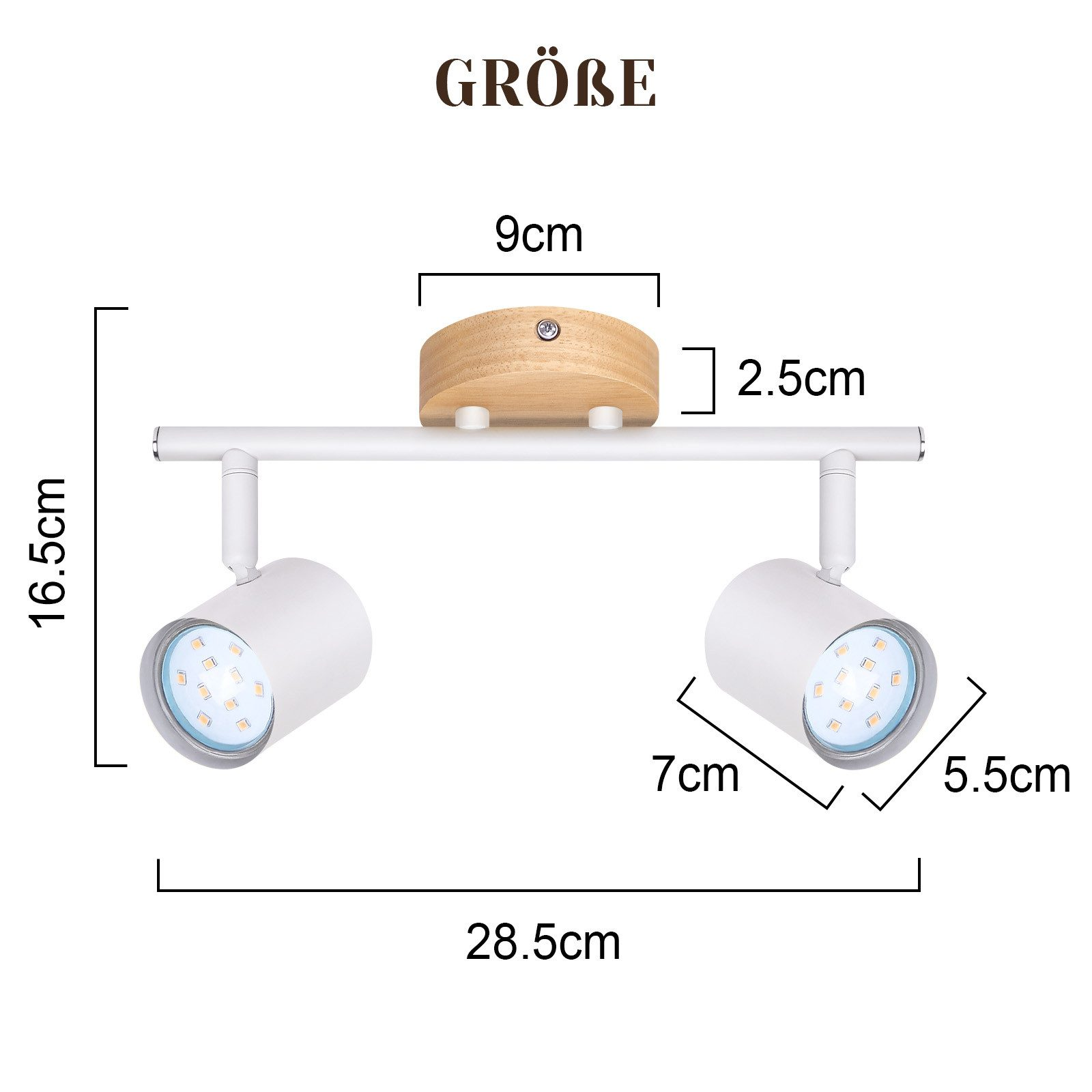 Biała oprawa reflektorowa na drewnianej podstawie. Wymiary podano w centymetrach.
