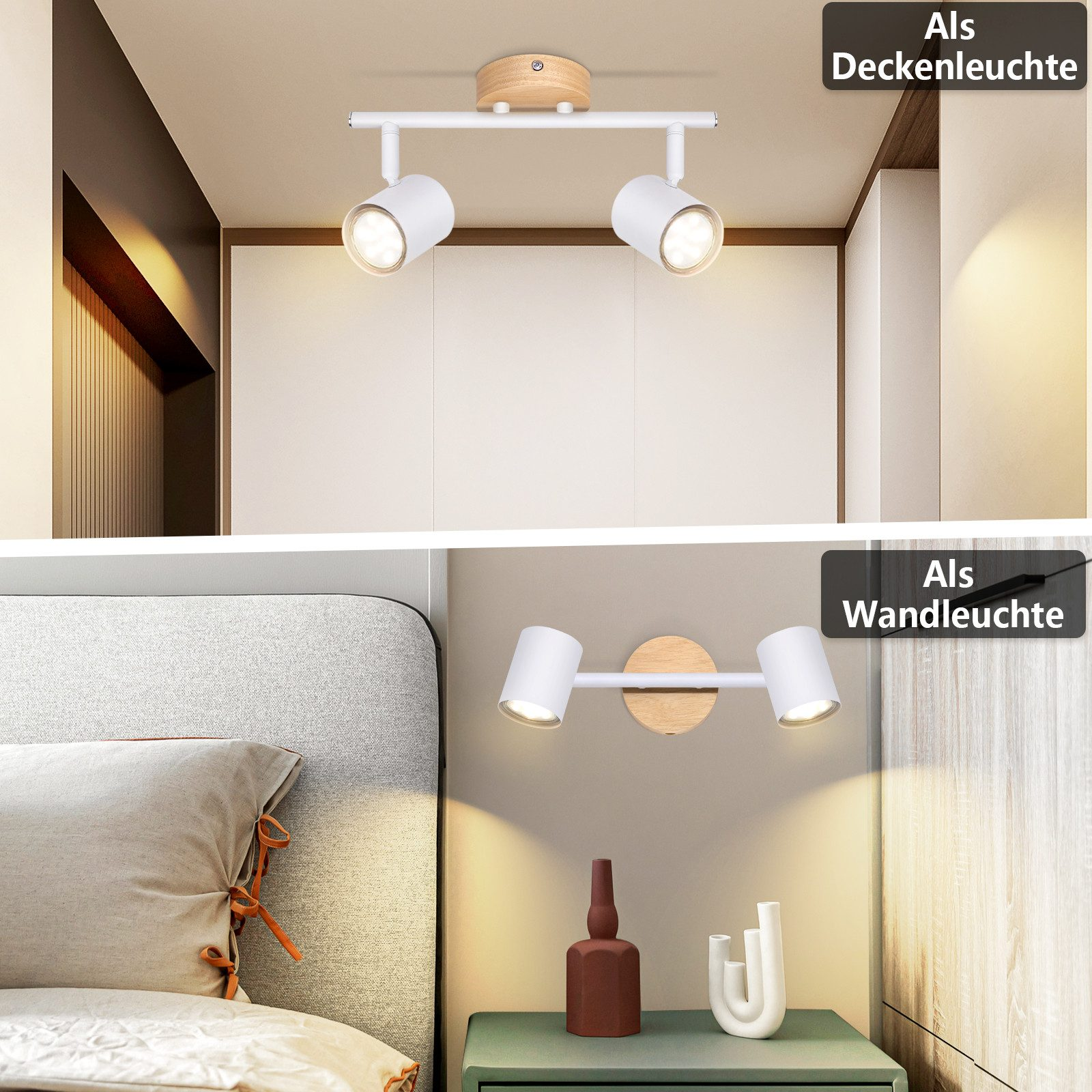 Dwa widoki białej oprawy reflektorowej, jeden zamontowany na suficie, drugi na ścianie, z drewnianymi akcentami.