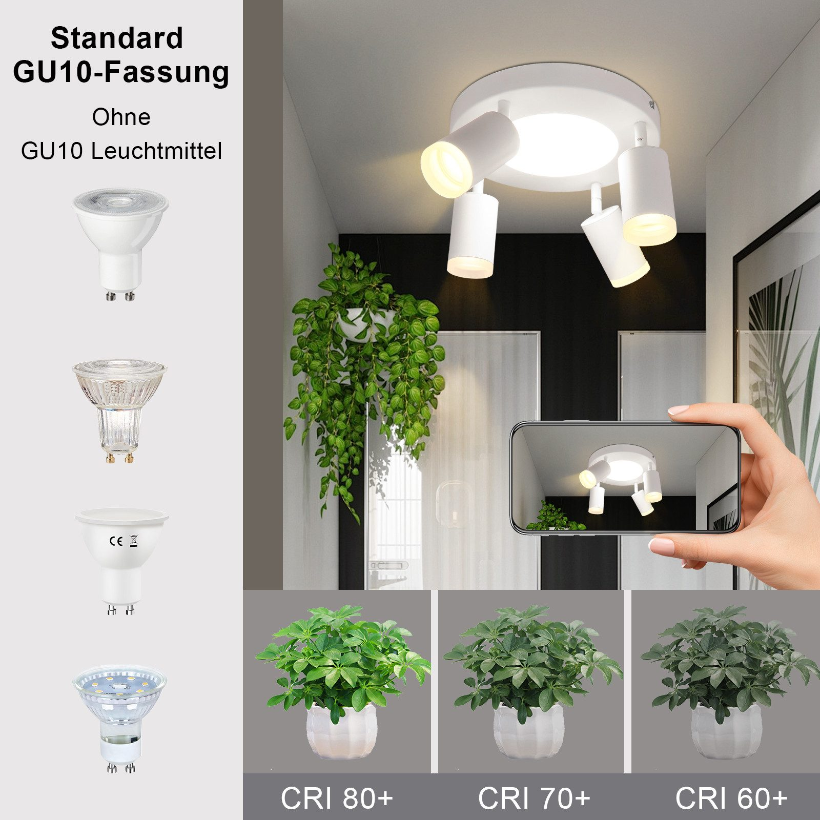 Varie lampadine GU10 e piante, con persona che tiene il telefono mostrando le luci.