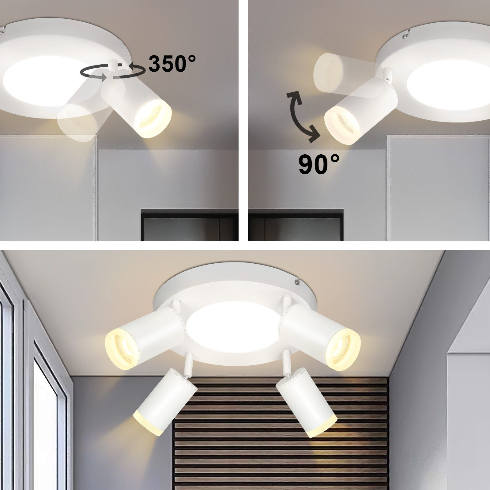 Faretti da soffitto, regolabili. Mostra angoli di movimento di 350° e 90° in un soffitto bianco.