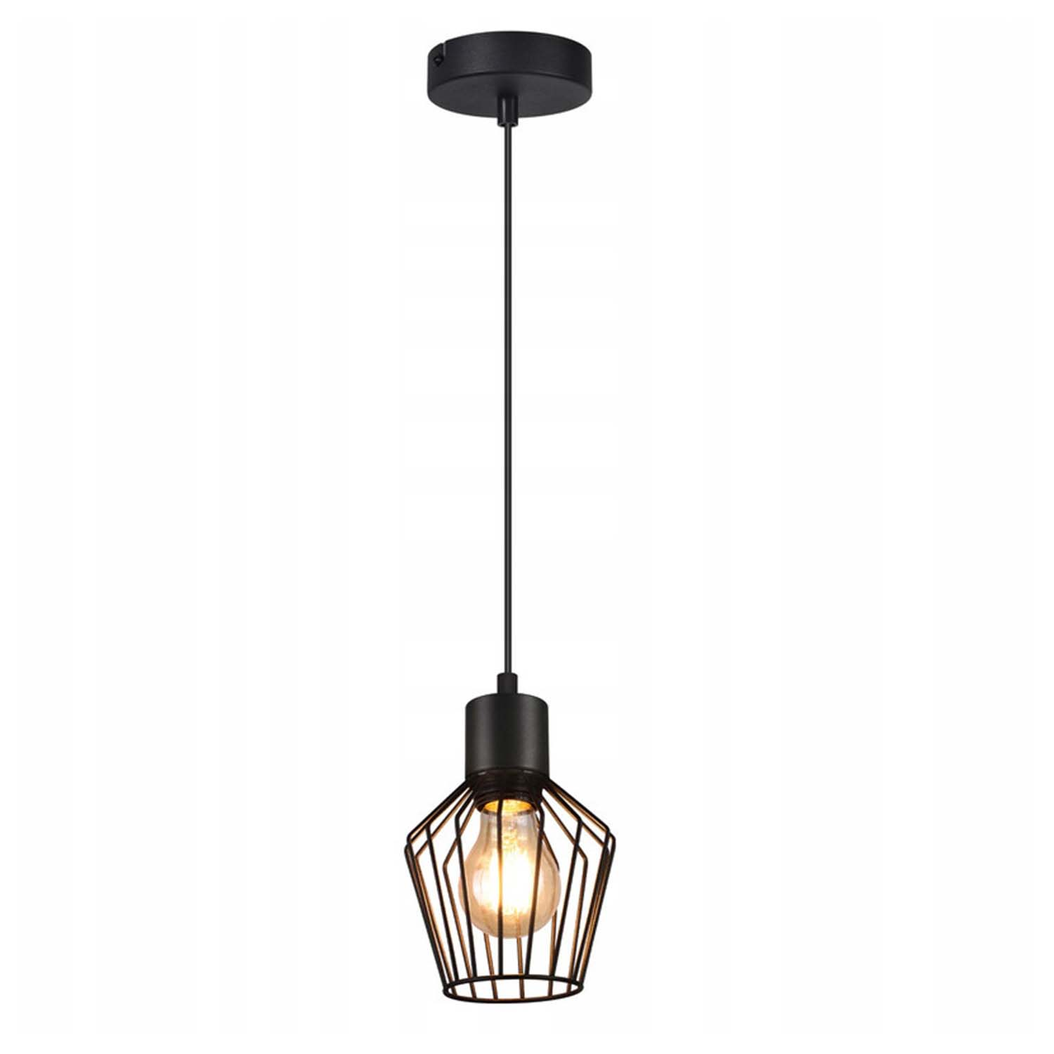 Lampada a sospensione nera con paralume a gabbia sopra una lampadina accesa.